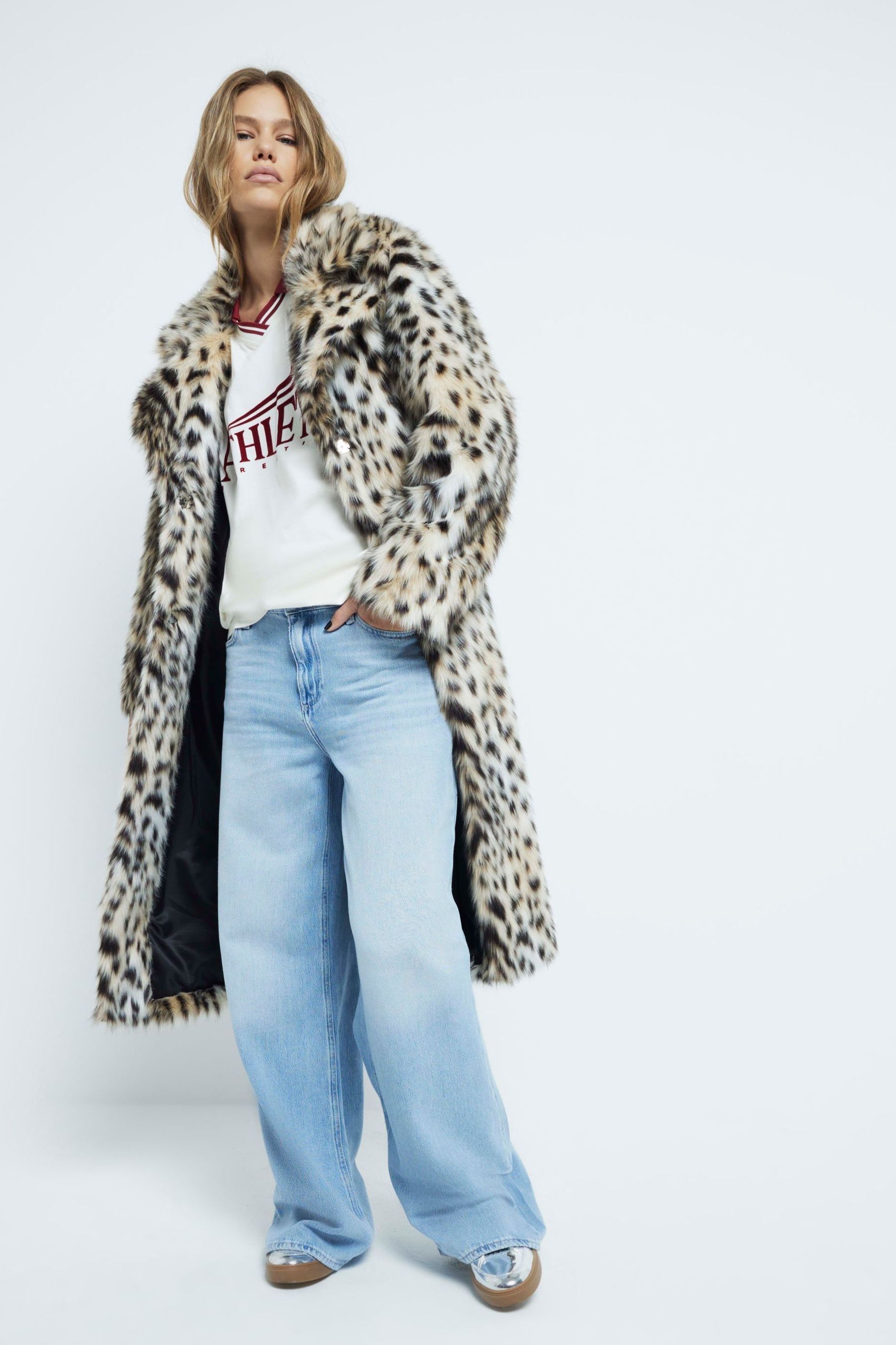 River Island Brown Leopard Print Longline Faux Fur Coats