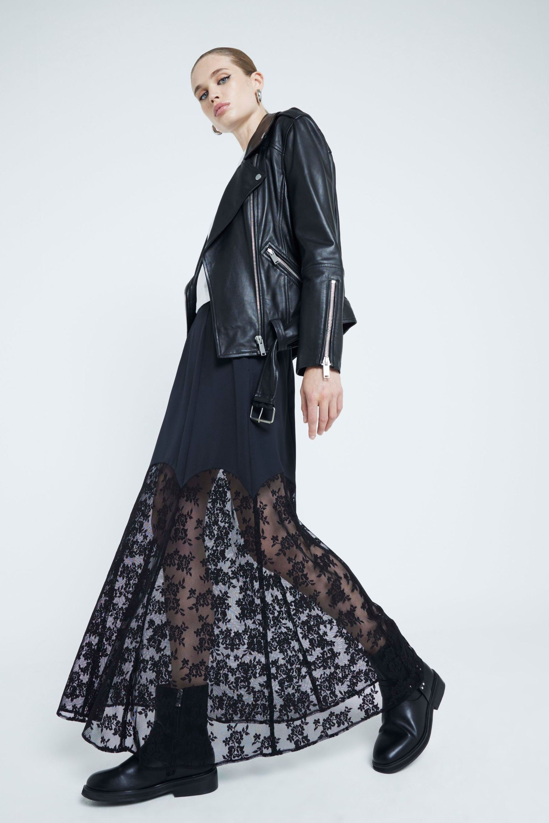 River Island Black Satin Lace Trim Midi Skirt
