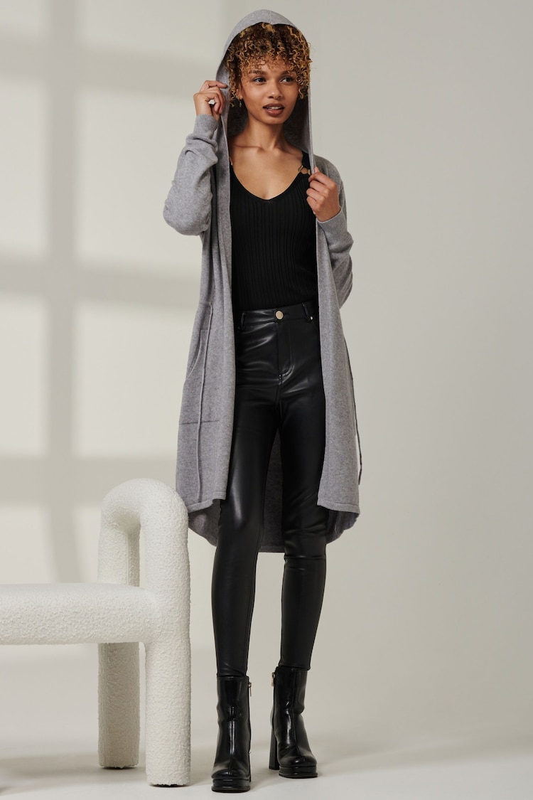 Jolie Moi Grey Knitted Drawstring Hooded Cardigan - Image 6 of 6