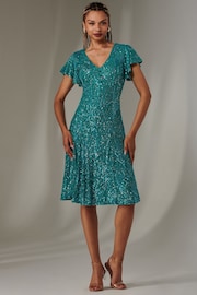 Jolie Moi Blue V-Neck Fit and Flare Sequin Dress - Image 4 of 6