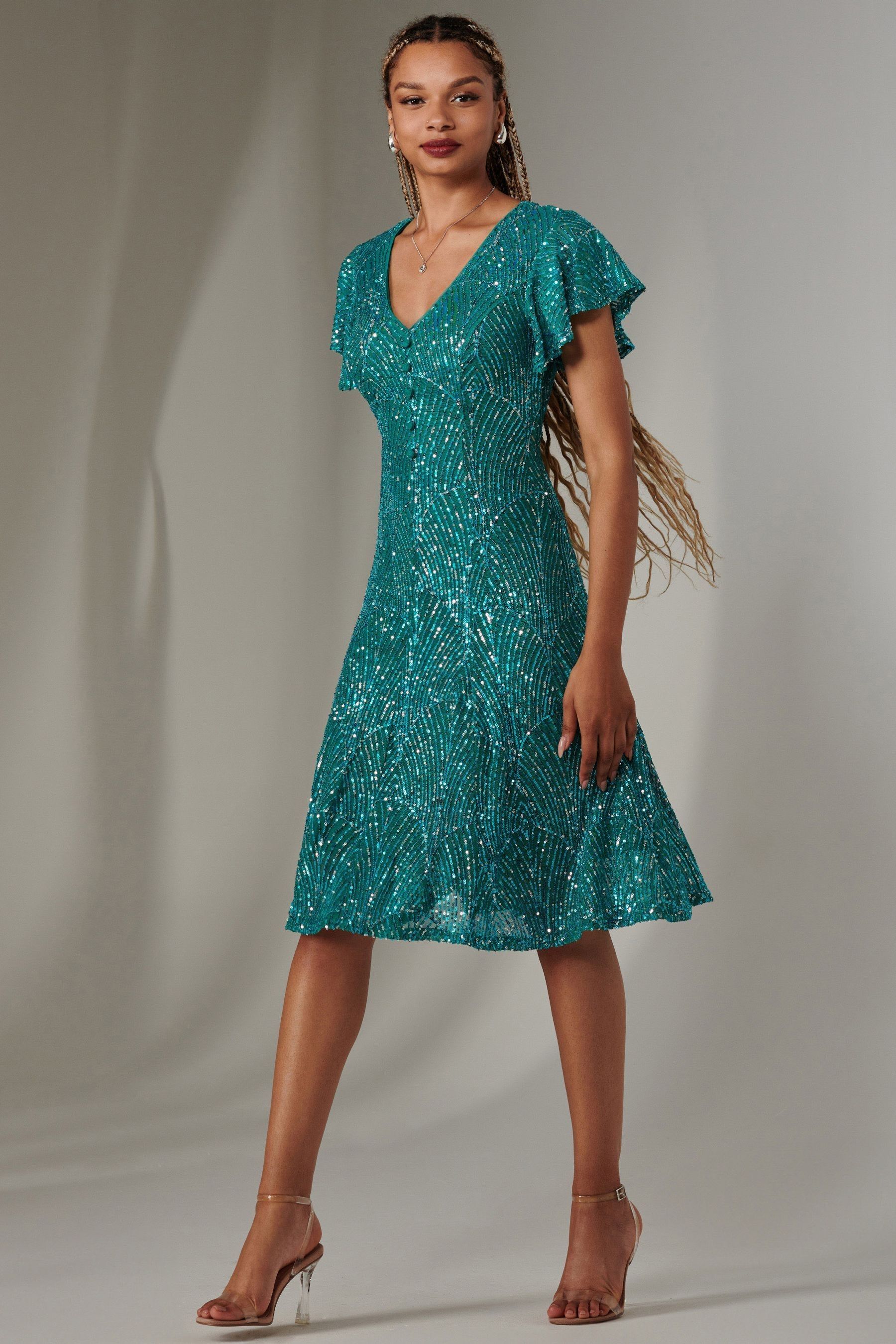 Buy Jolie Moi Blue V Neck Fit and Flare Sequin Dress from Next Austria