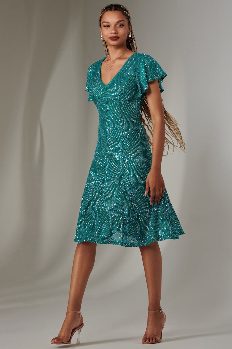 Jolie Moi Blue V-Neck Fit and Flare Sequin Dress - Image 6 of 6