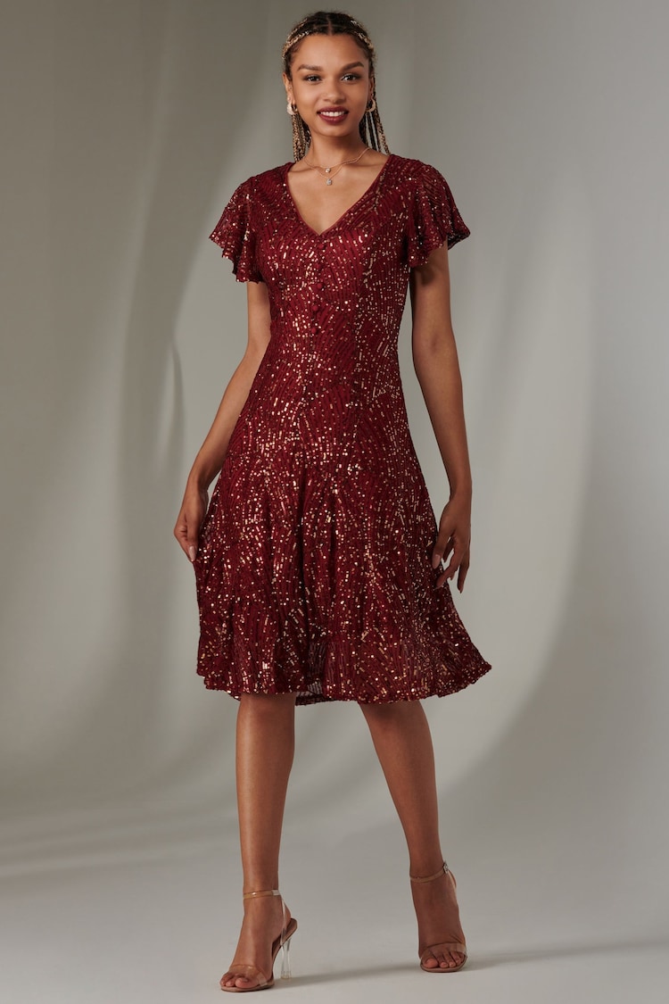 Jolie Moi Red V-Neck Fit and Flare Sequin Dress - Image 6 of 6