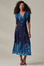 Jolie Moi Blue Stella Floral Print Wrap Mesh Maxi Dress - Image 5 of 6