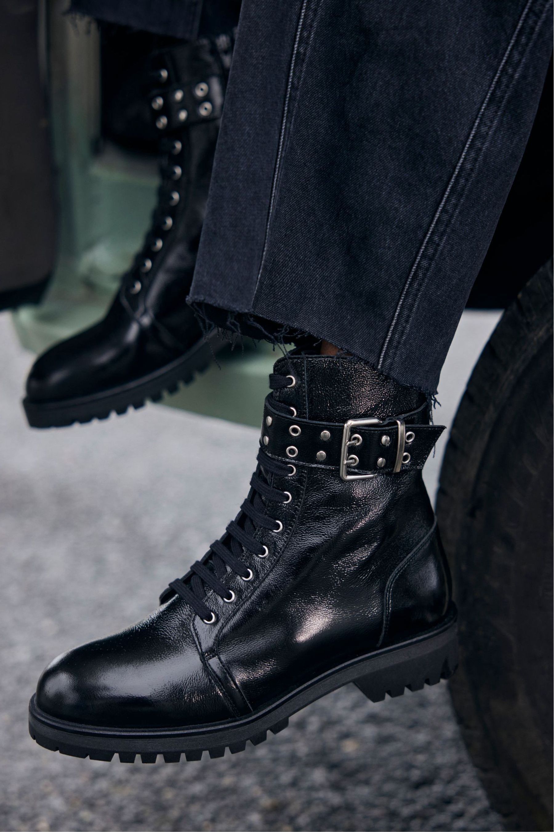 Buy Mint Velvet Black Patent Leather Biker Boots from the Next UK online shop