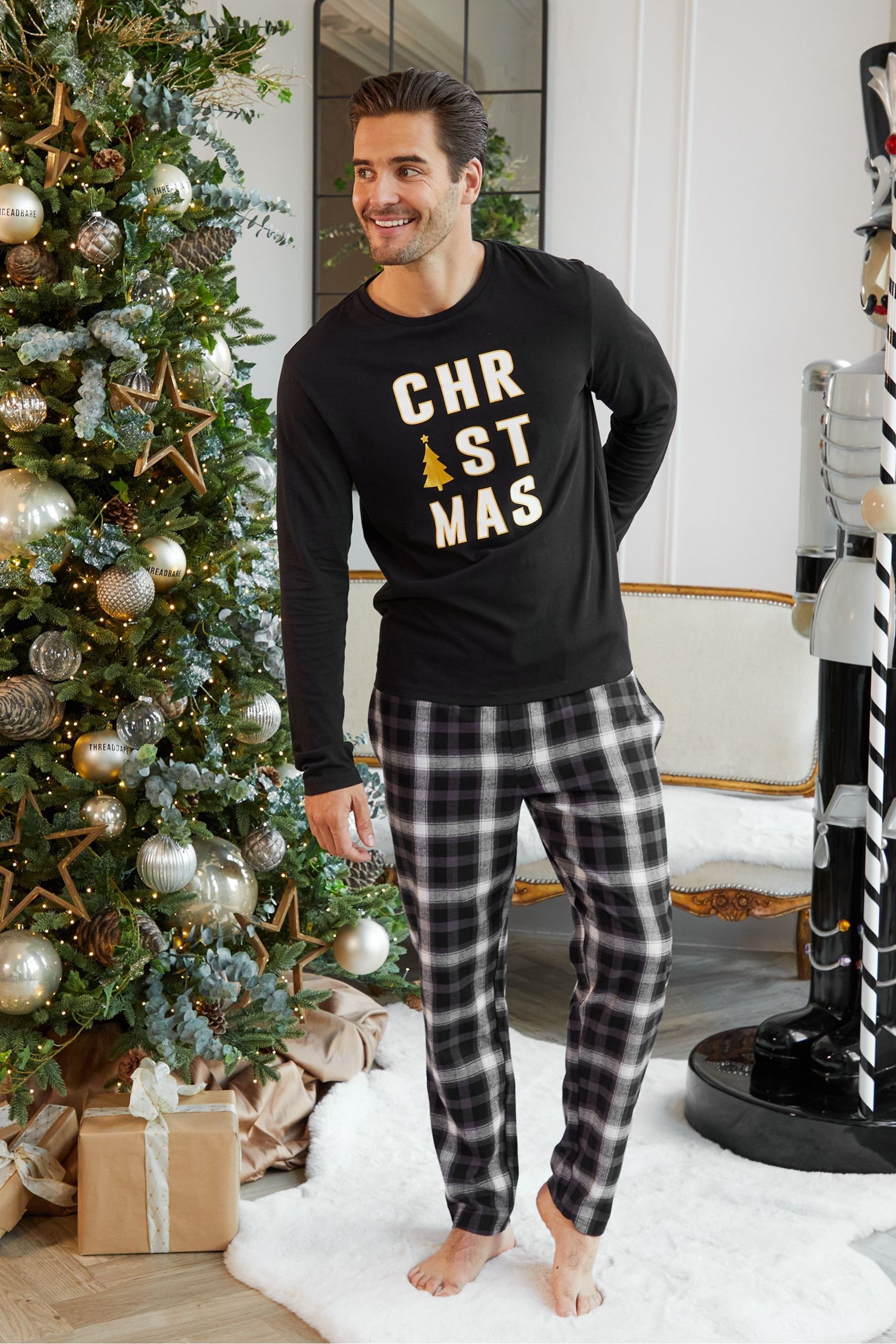 Threadbare Black Cotton Long Sleeves Check Christmas 100 Cotton Pyjamas Set