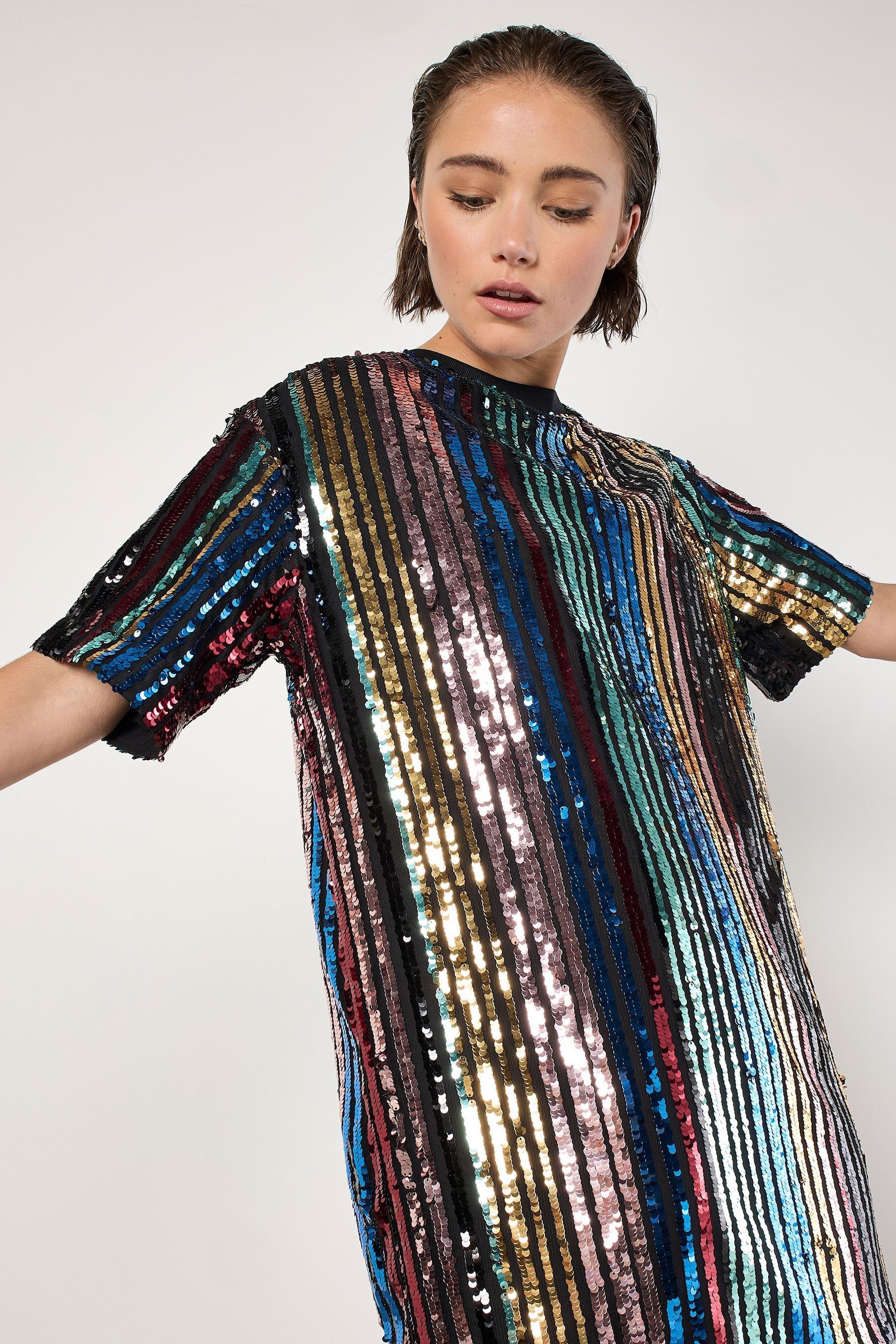 Buy Apricot Black Sequin Stripe T Shirt Dress from the Next UK online shop