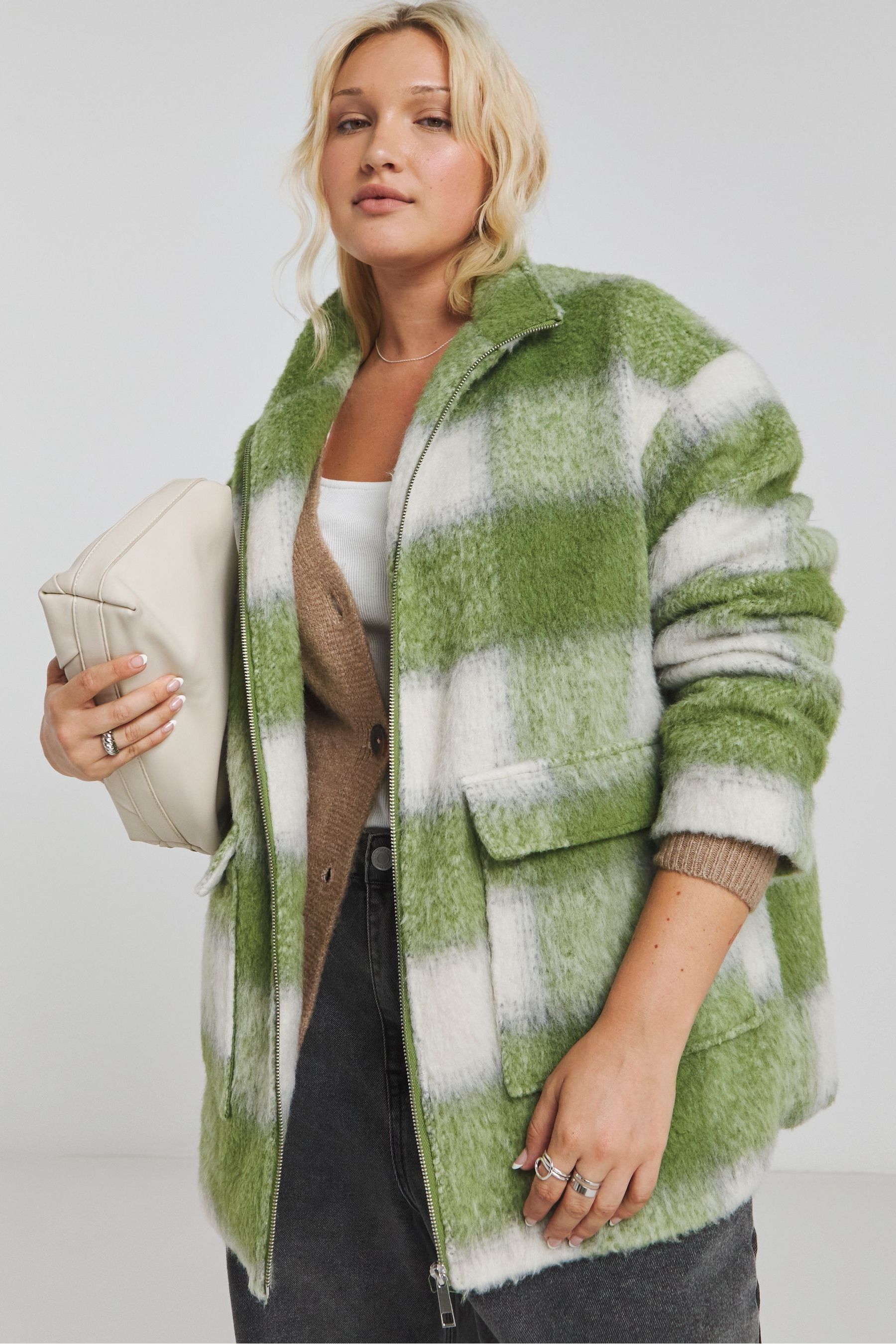 Buy Simply Be Green Funnel Neck Brushed Checked Bomber Jacket from Next Luxembourg