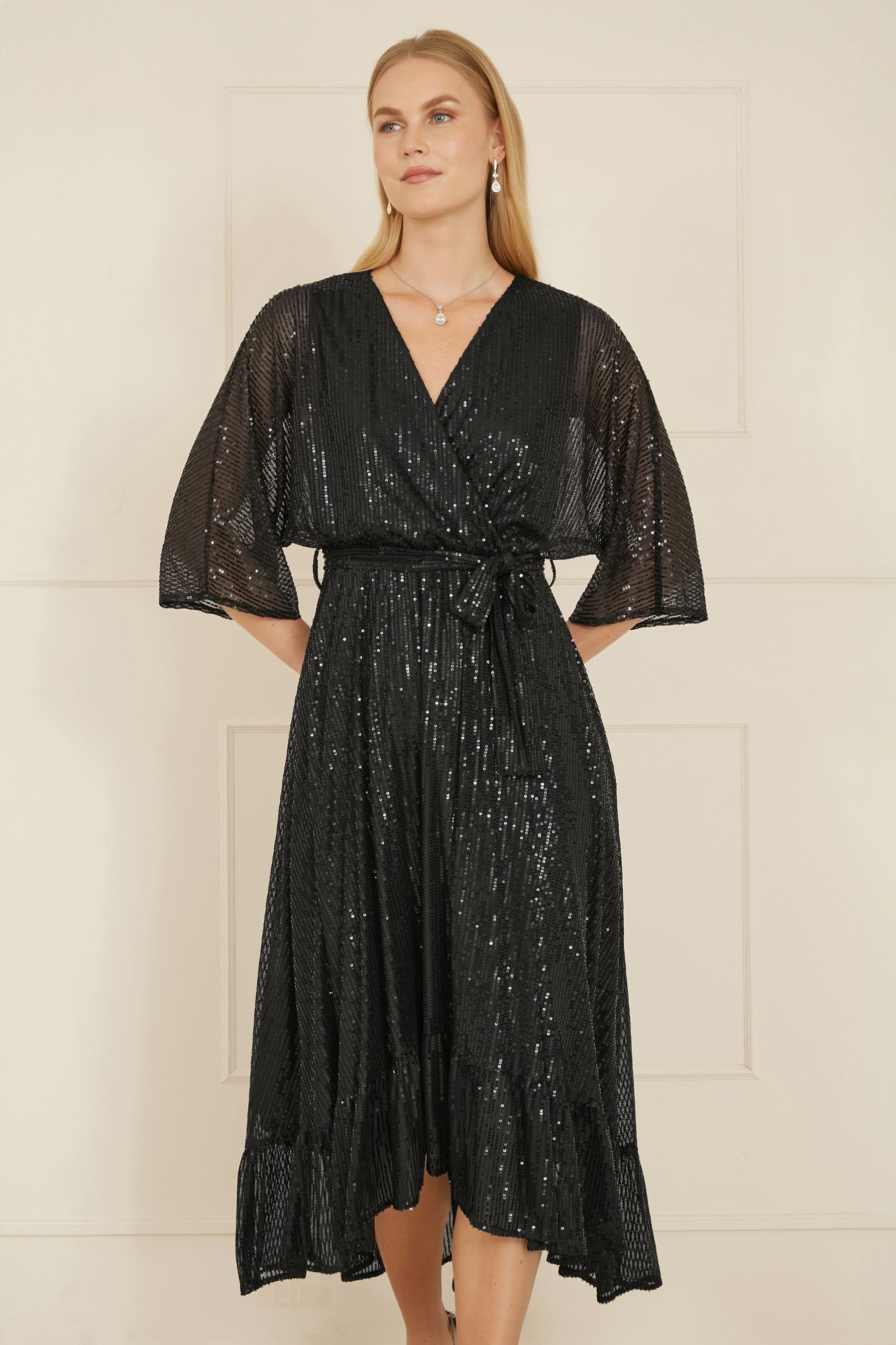 Buy Yumi Black Sequin Kimono Midi Wrap Dress from Next Luxembourg