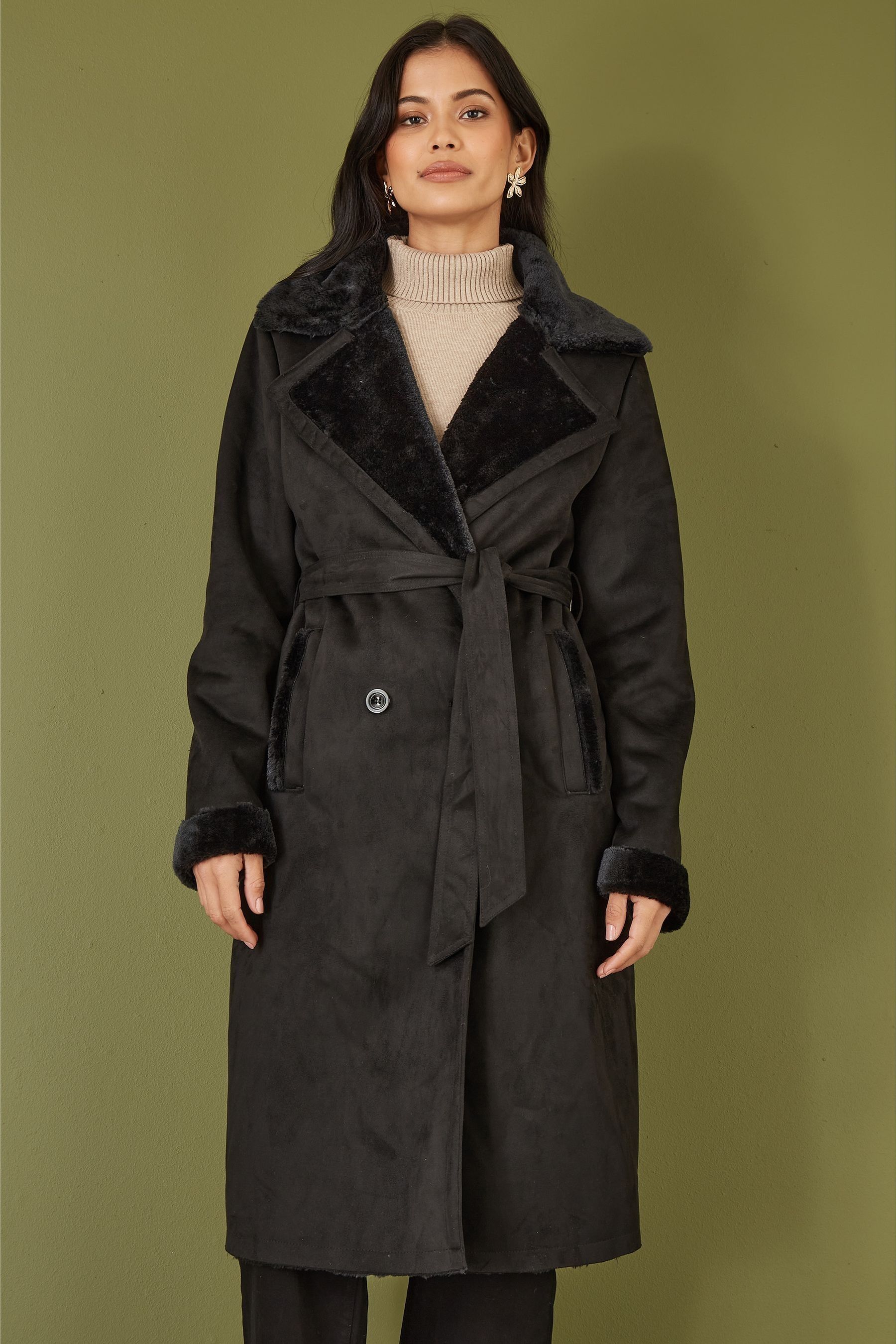 Buy Yumi Black Trench Coat With Faux Fur Lining from Next USA