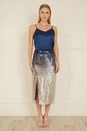 Yumi Blue Sequin Split Fitted Midi Skirt - Image 1 of 3