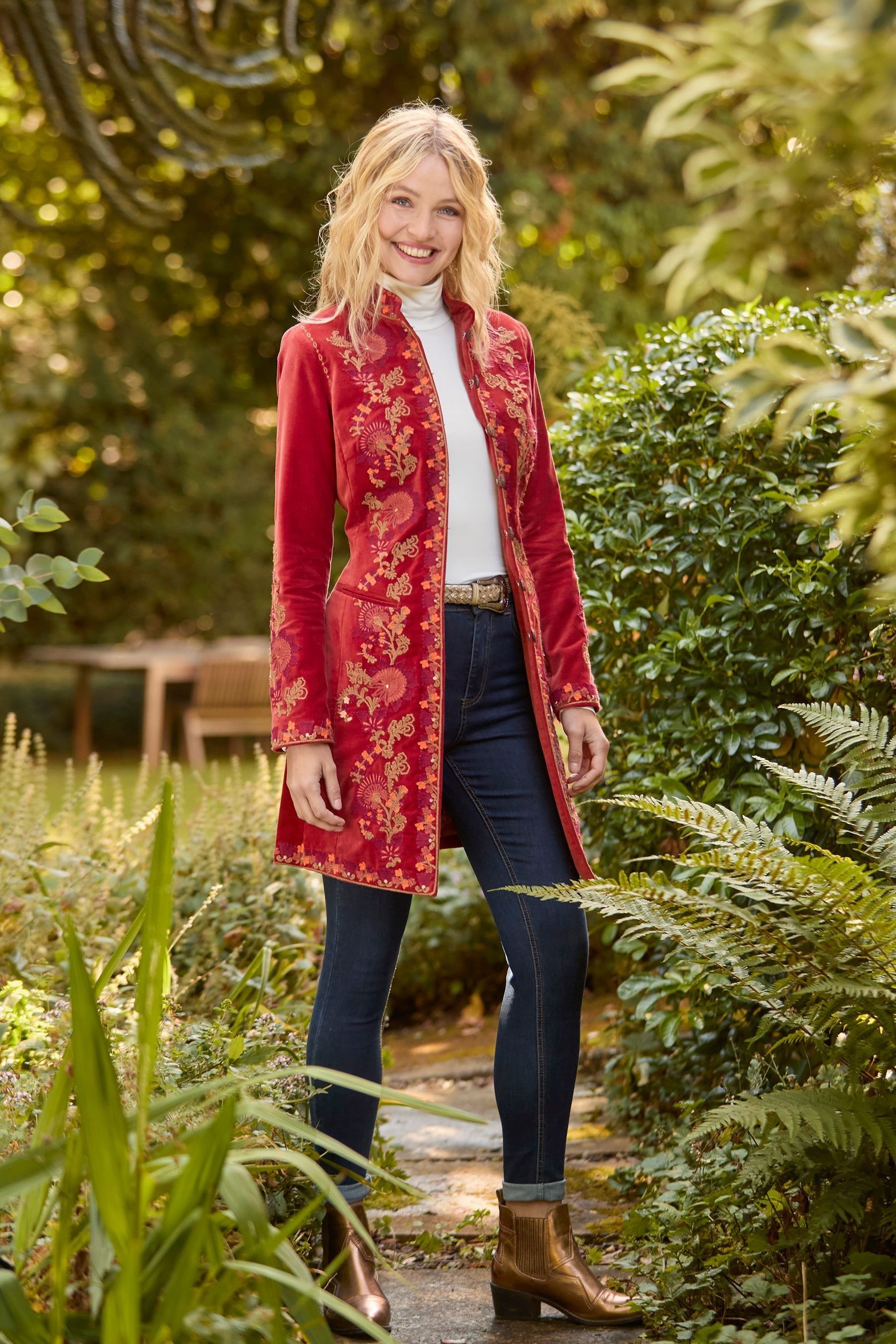 Buy Joe Browns Orange Longline Embroidered Velvet Kimono Coat from Next Oman