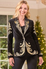 Joe Browns Black Boutique Embroidered Curved Hem Single Breasted Velvet Blazer - Image 1 of 7