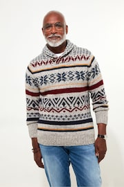 Joe Browns Grey Vintage Pattern Ski Knit Shawl-Collar Sweat Top - Image 3 of 7