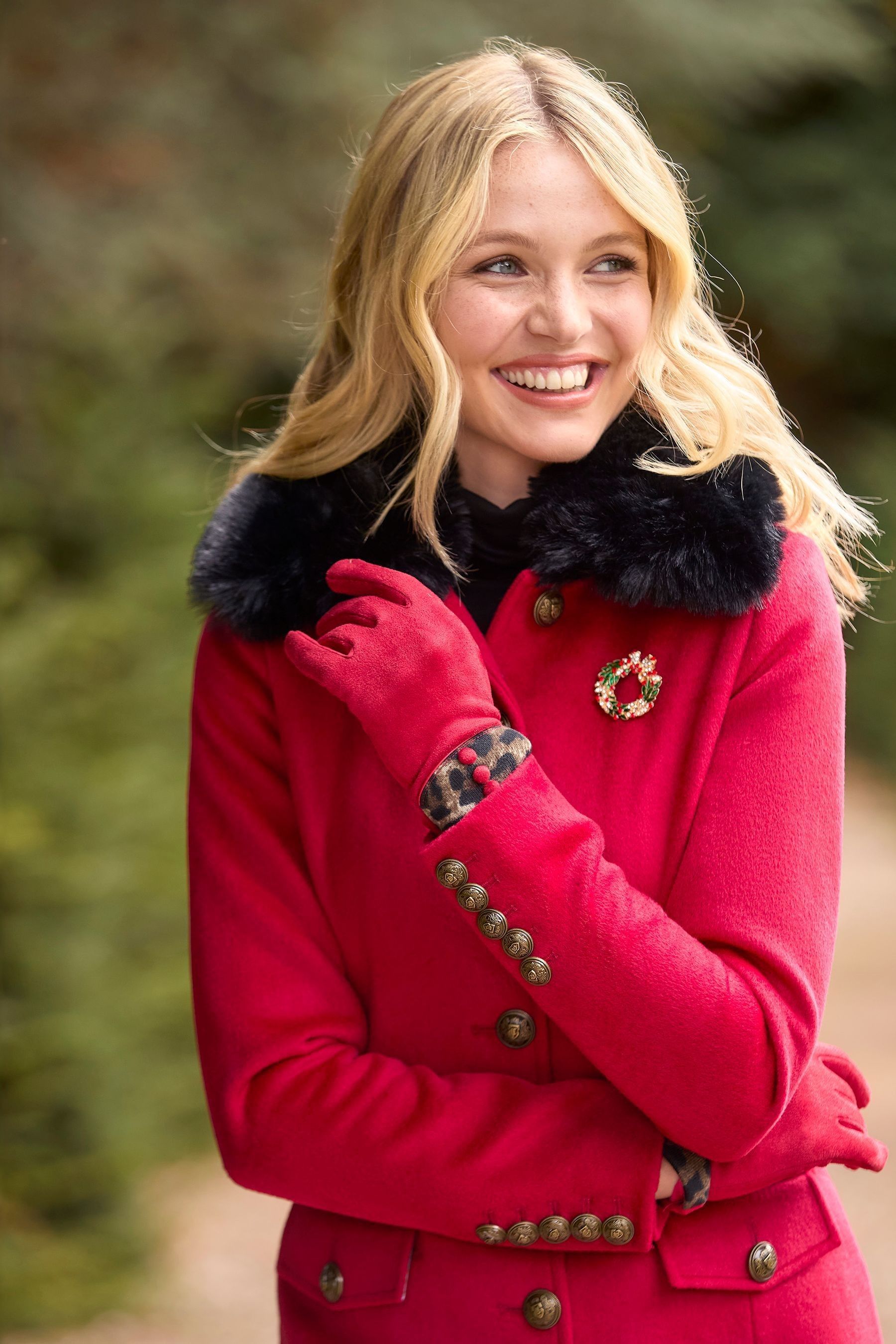 Red knee length coat sales