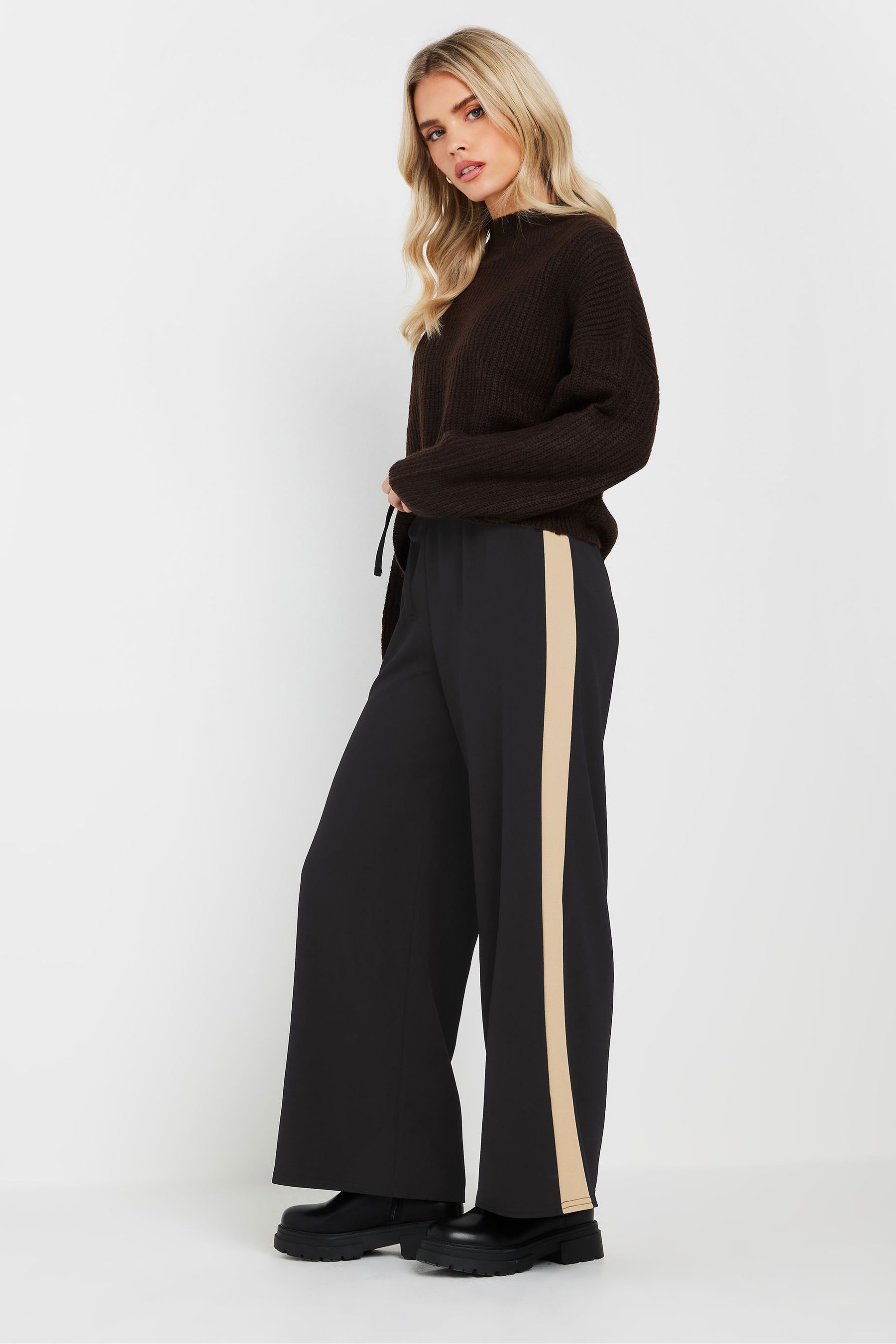 Buy PixieGirl Petite Black Side Stripe Wide Leg Joggers from Next Oman