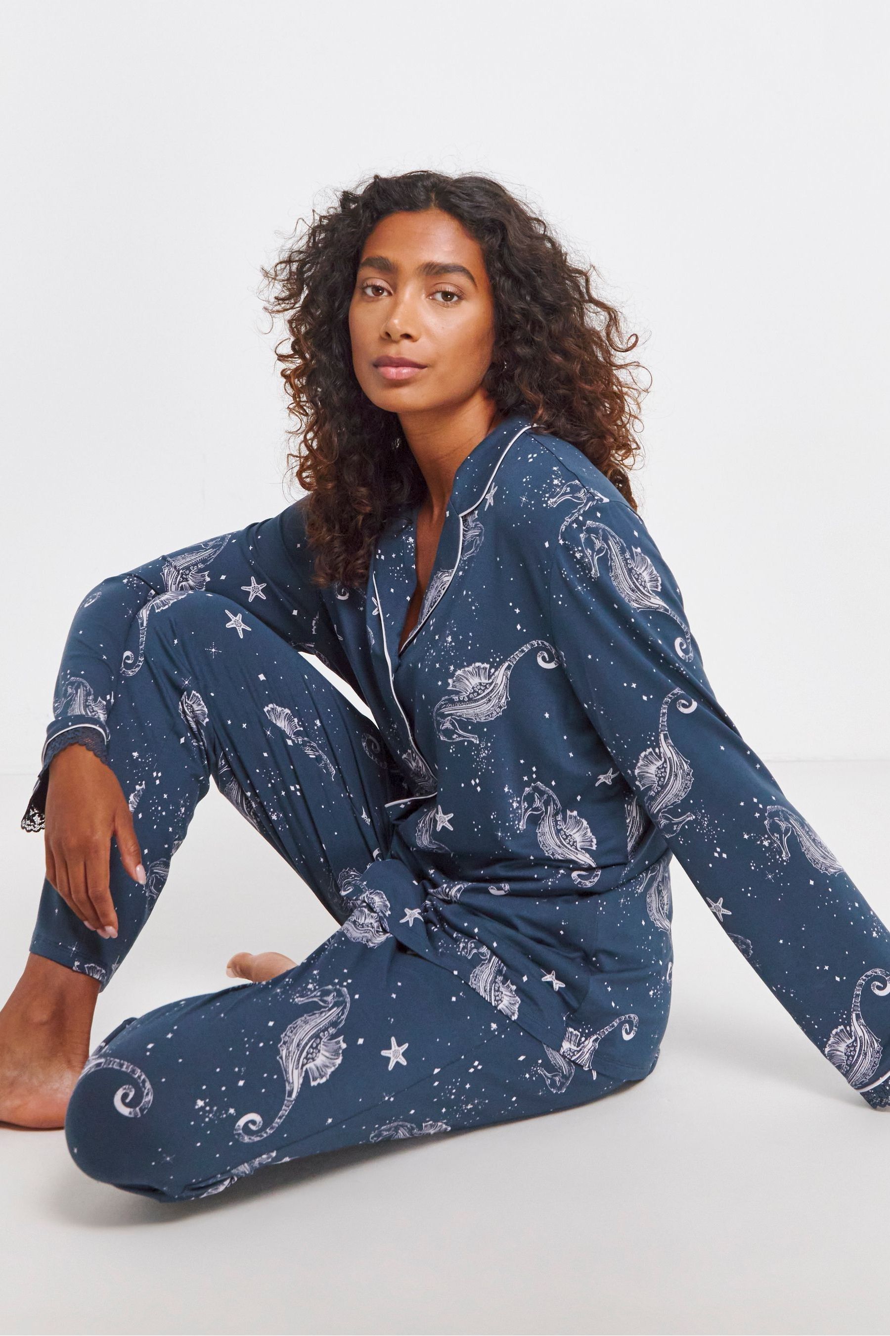 JD Williams Blue Viscose Lace Through Cuff Button Through Pyjamas Set