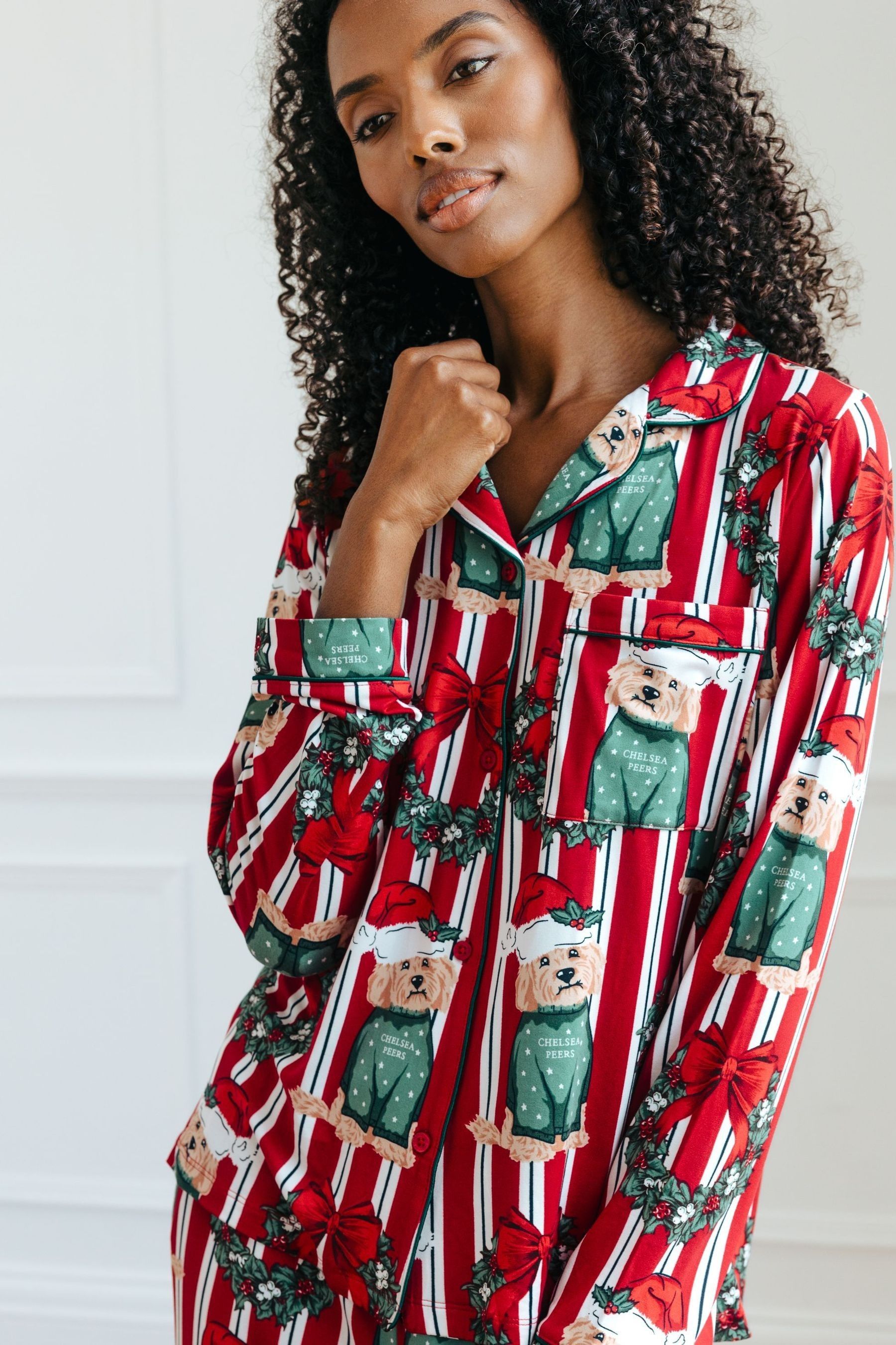 Buy Chelsea Peers Red Christmas Dog Wreath Print Long Pyjama Set from the Next UK online shop