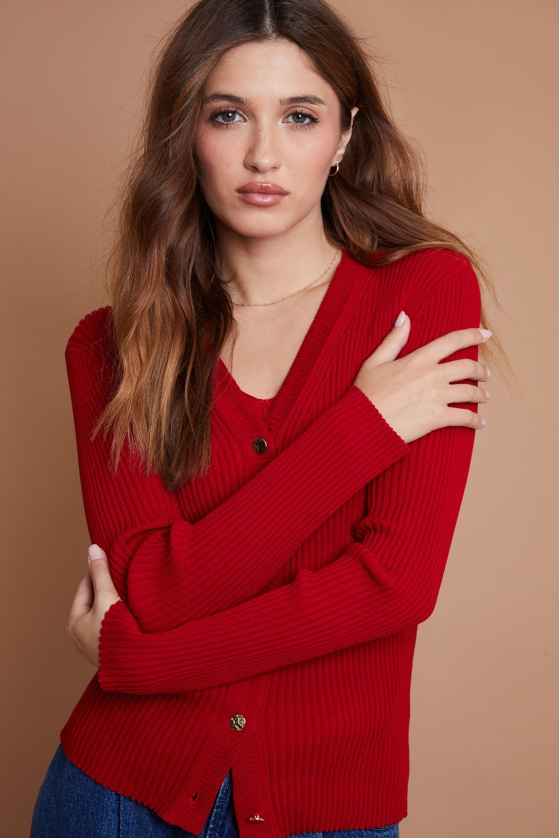 Red v neck cardigan clearance
