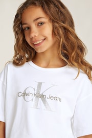 Calvin Klein White Monologo Glitter 100% Cotton T-Shirt - Image 3 of 5