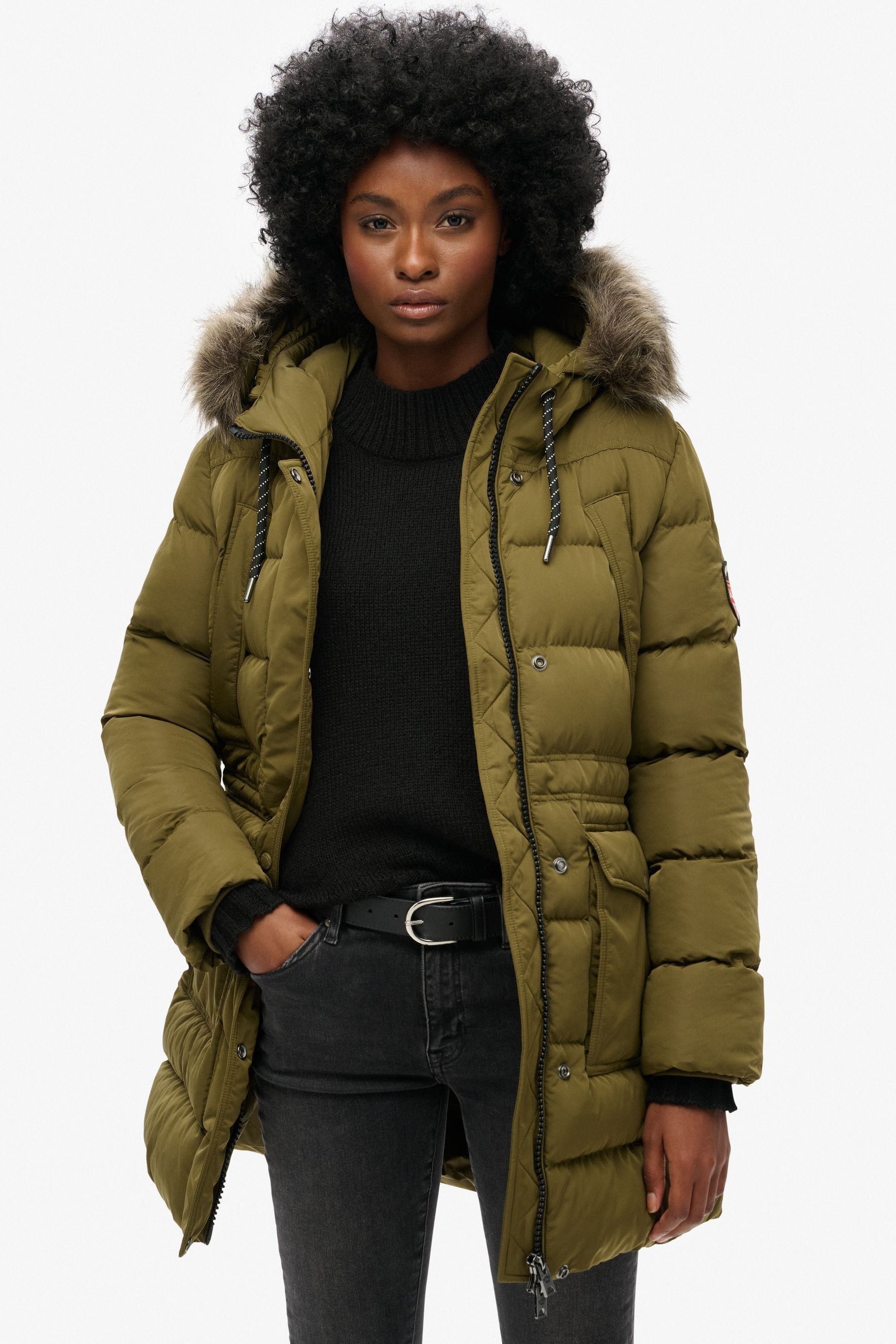 Faux fur hood fitted puffer jacket clearance