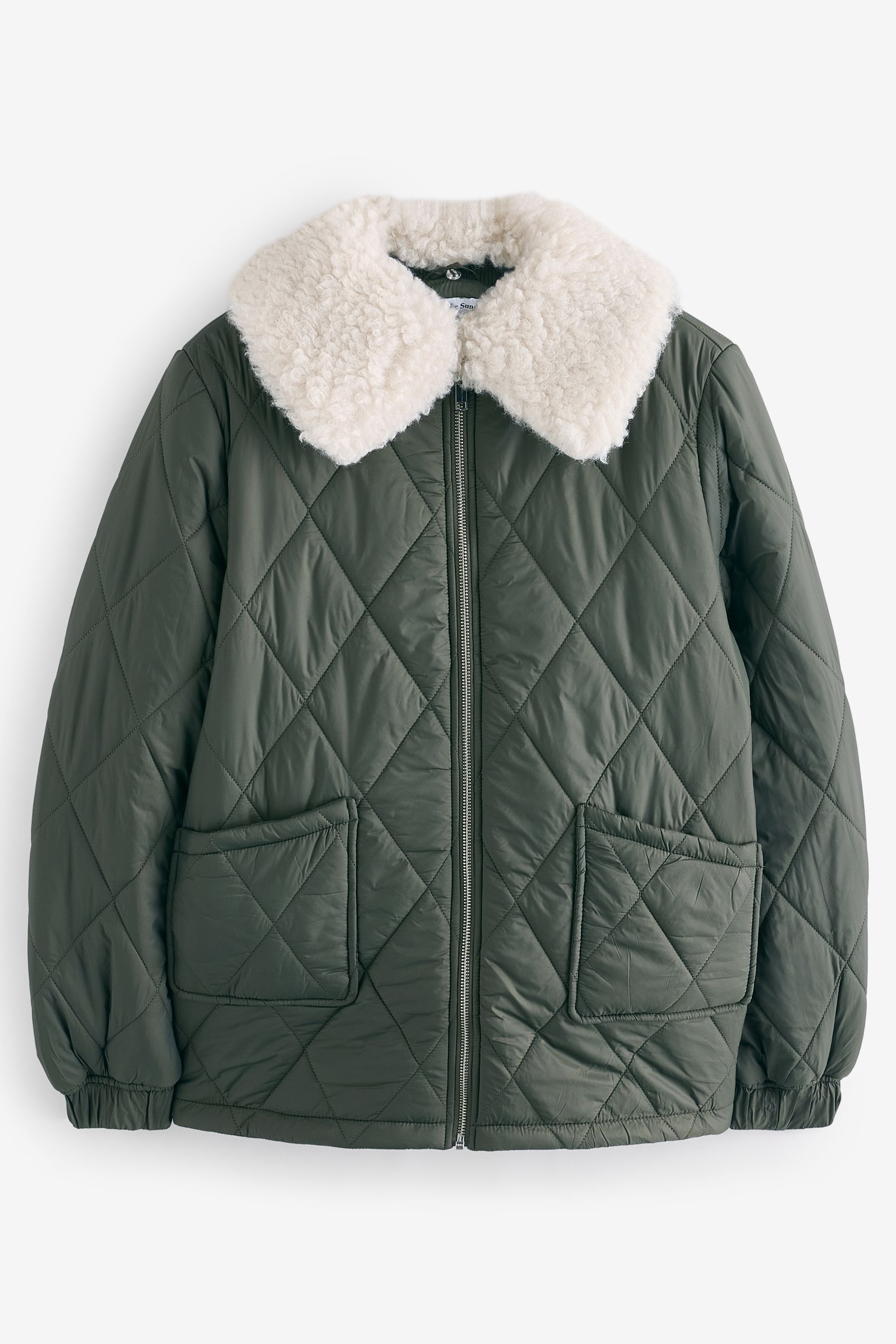 Buy Another Sunday Green Diamond Quilted Bomber Jacket With Removable Borg Collar from the Next UK online shop