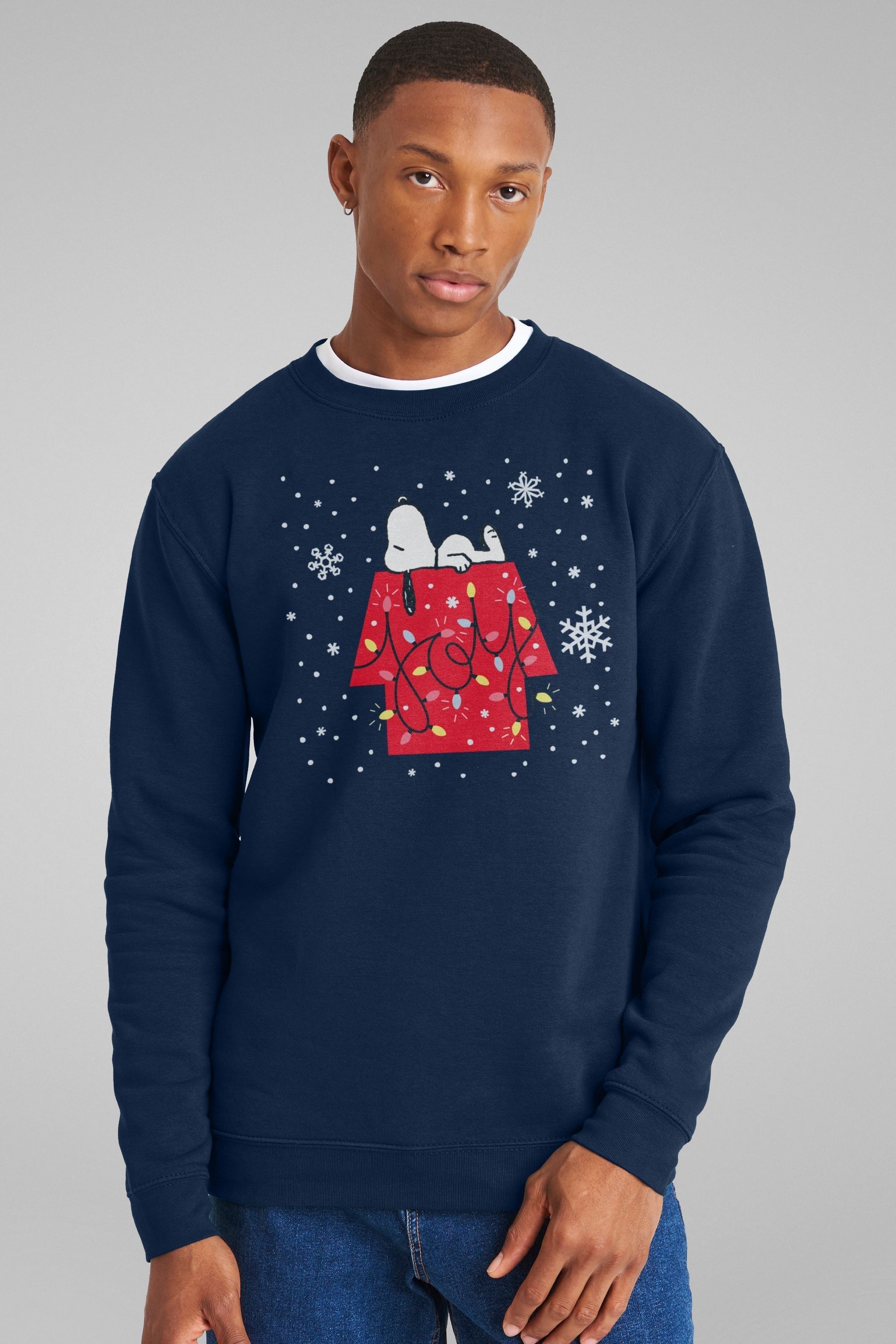 All Every Blue Mens Peanuts Christmas Snoopy Festive Lights Snowflakes Sweatshirt