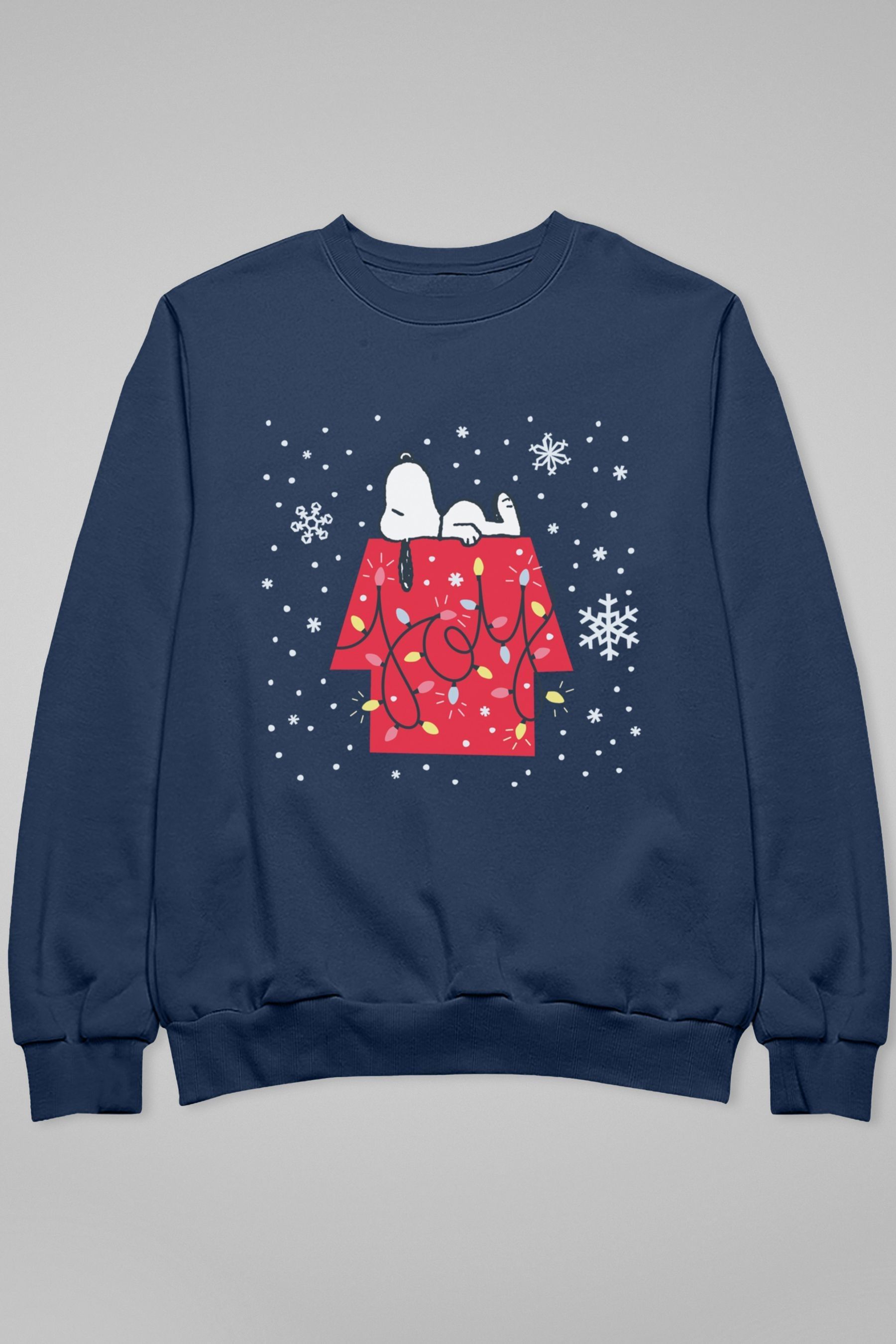 All Every Blue Mens Peanuts Christmas Snoopy Festive Lights Snowflakes Sweatshirt