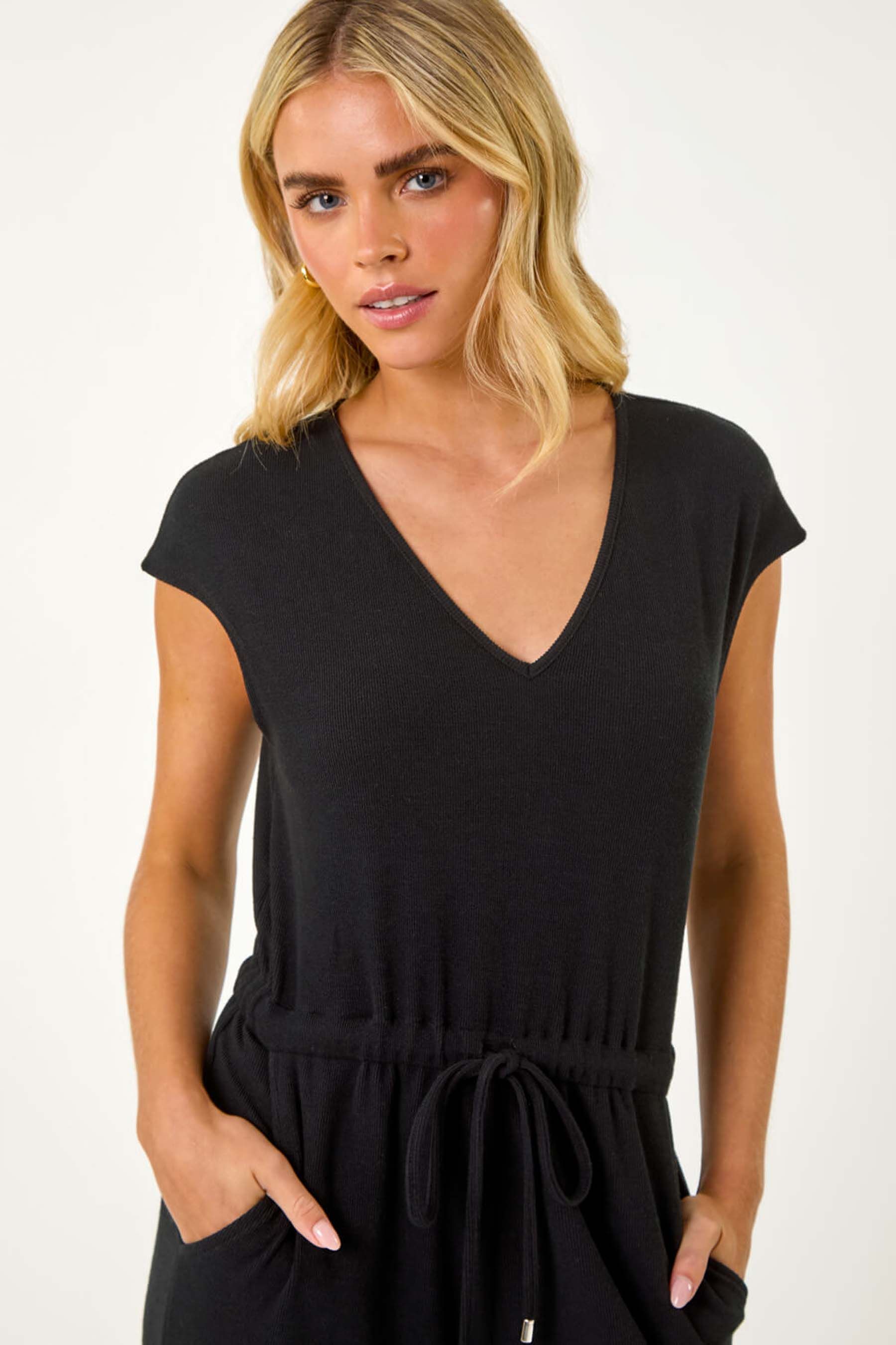 Buy Roman Black Petite Tie Waist Rib Jersey Jumpsuit from the Next UK online shop