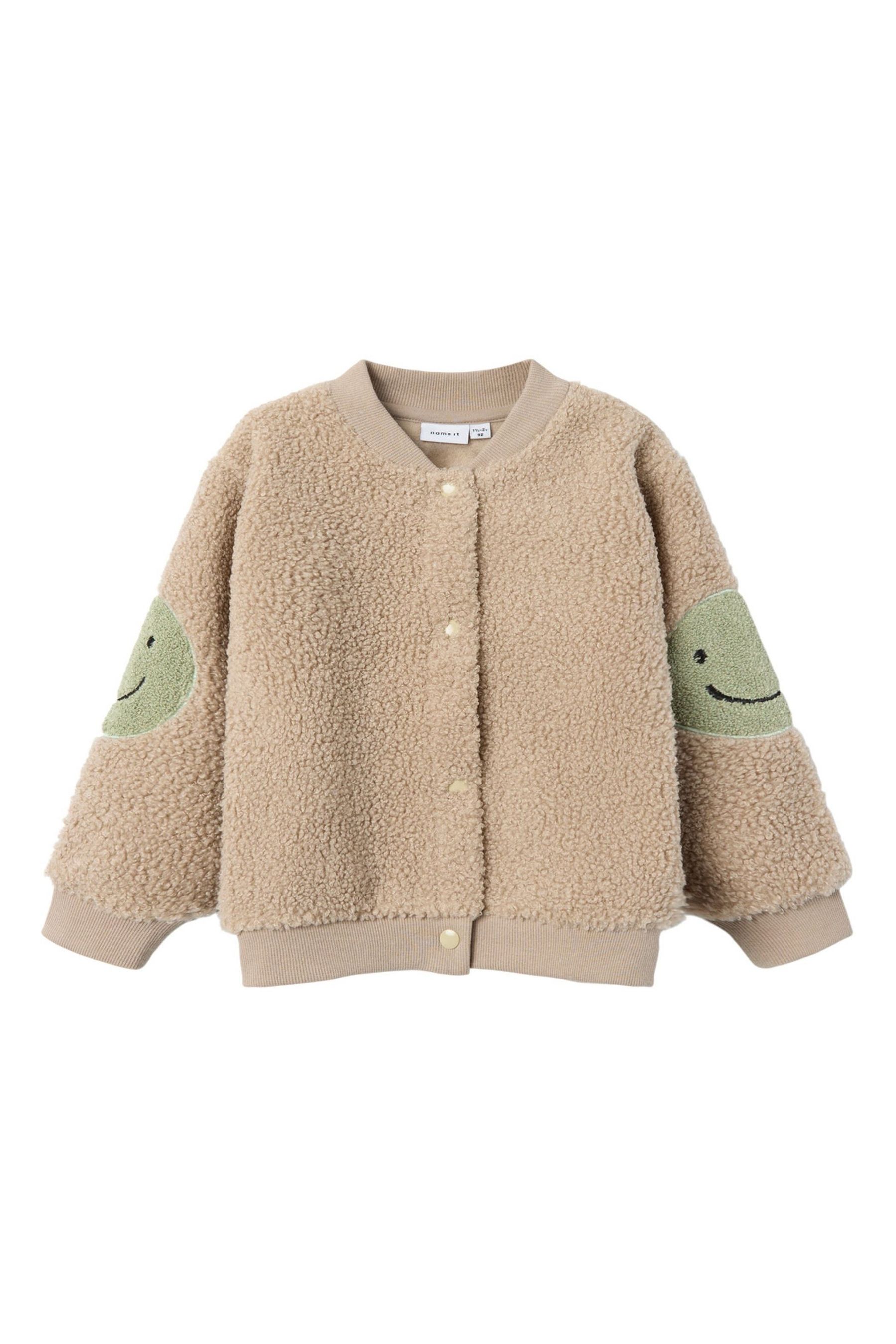 Name It Brown Teddy Borg Bomber Jacket With Smiley Face