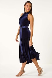 Roman Blue Velvet Halter Neck Ruffle Hem Midi Dress - Image 1 of 5