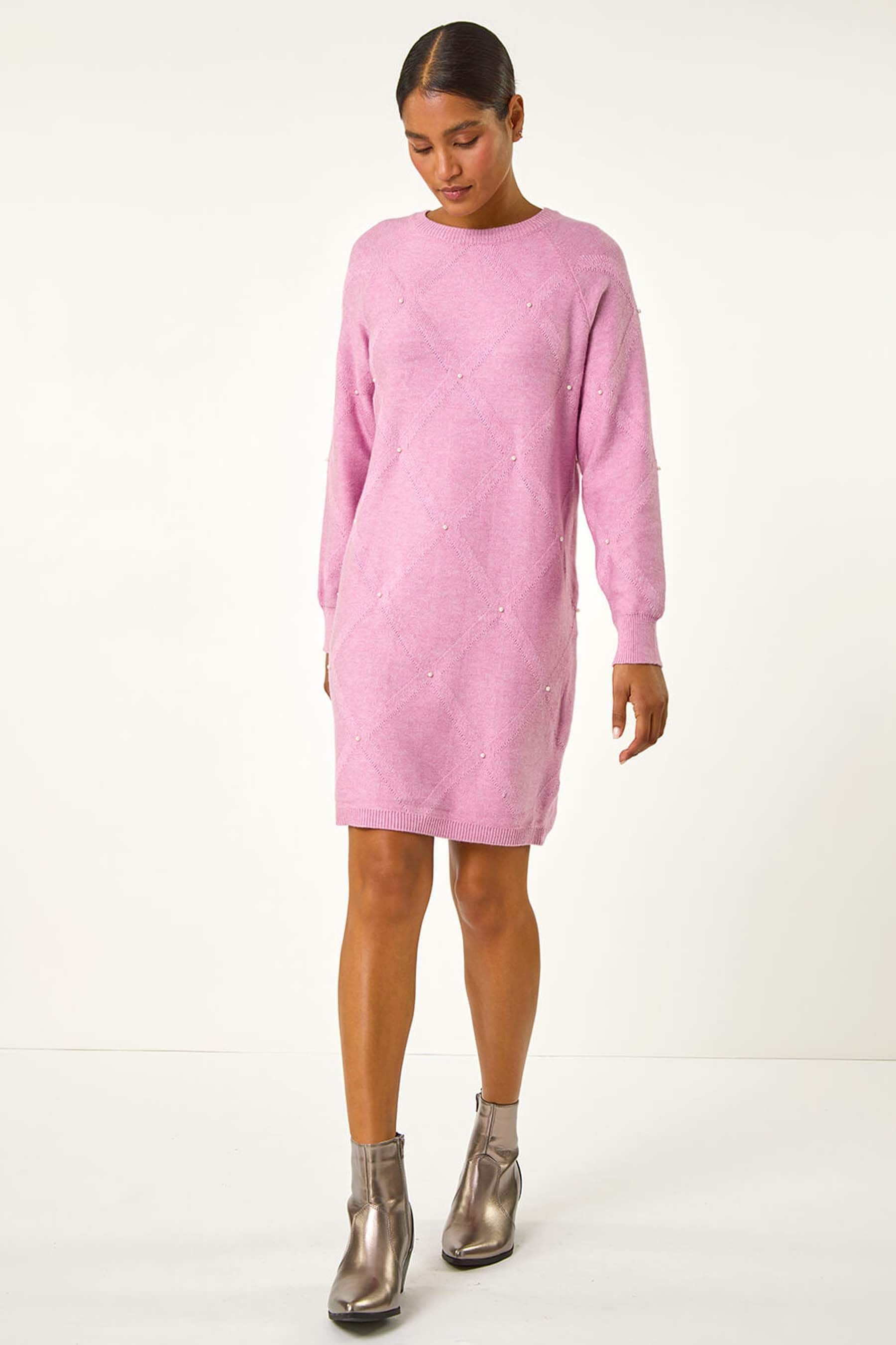 Buy Roman Pink Pearl Detail Textured Jumper Dress from the Next UK online shop