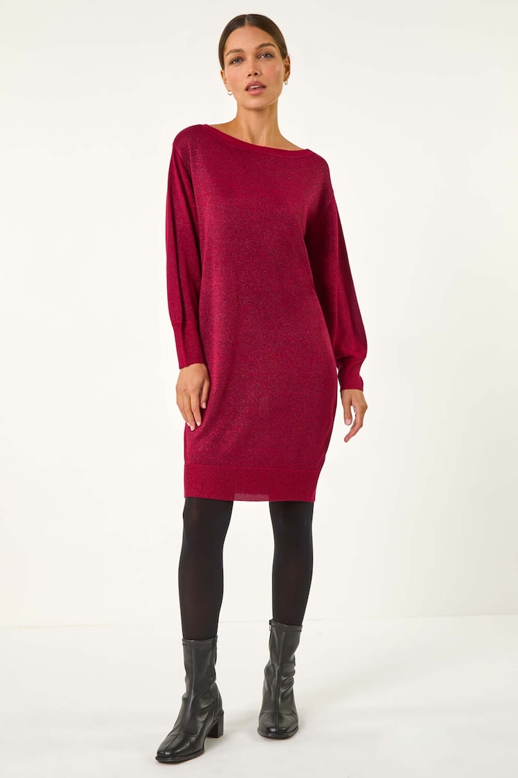 Roman Red Shimmer Slash Neck Jumper Dress - Image 1 of 5