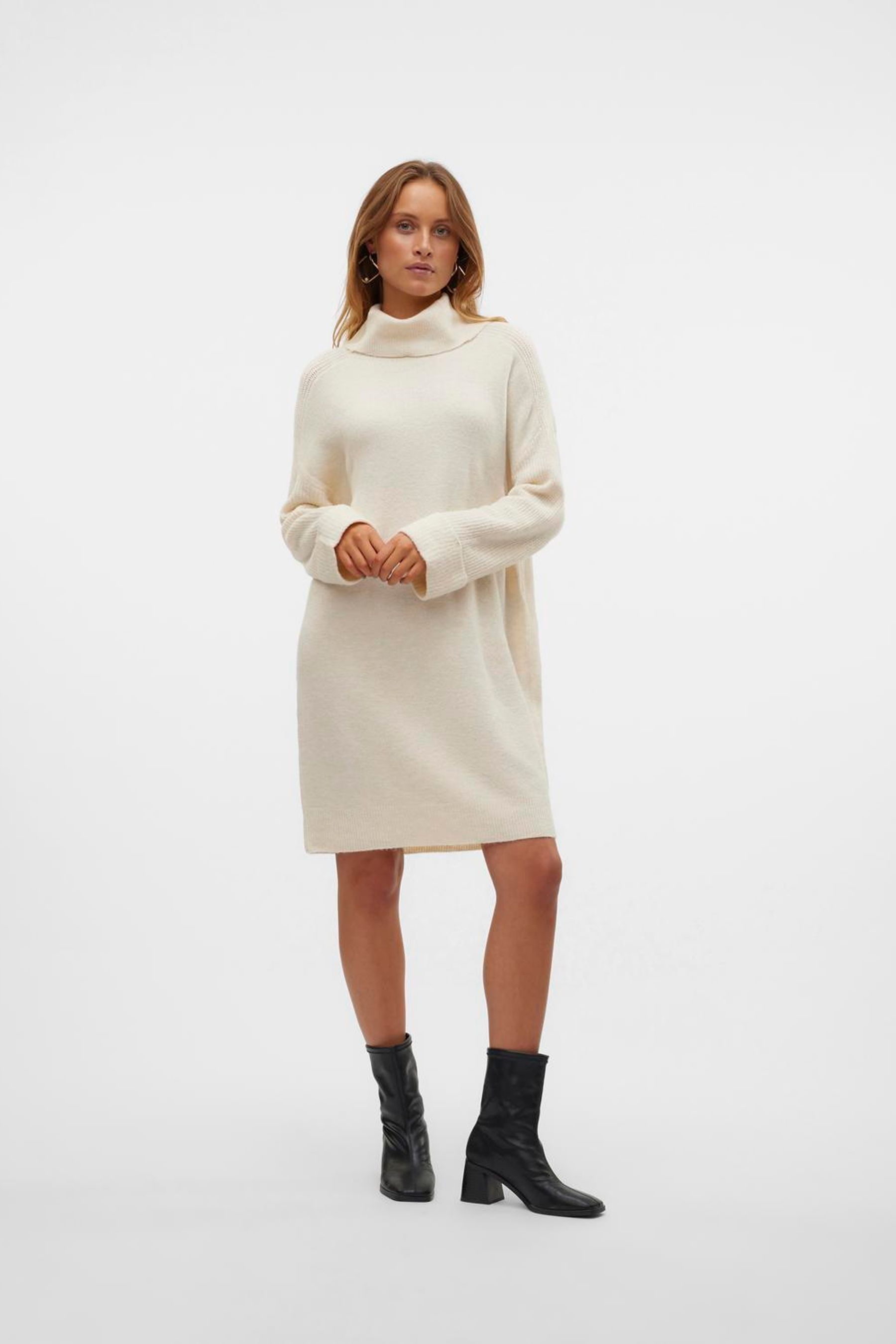 VERO MODA Cream Long Sleeve Cowlneck Mini Knitted Jumper Dress