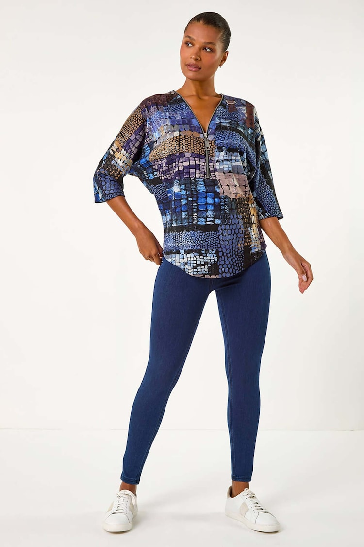 Roman Blue Abstract Print Front Zip Stretch Top - Image 2 of 5