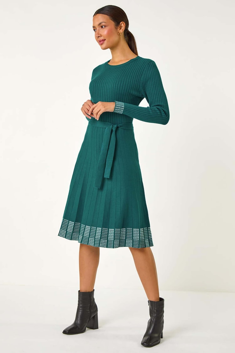 Roman Green Ribbed Stretch Knit Border Print Dress Kobeisy - Image 2 of 5