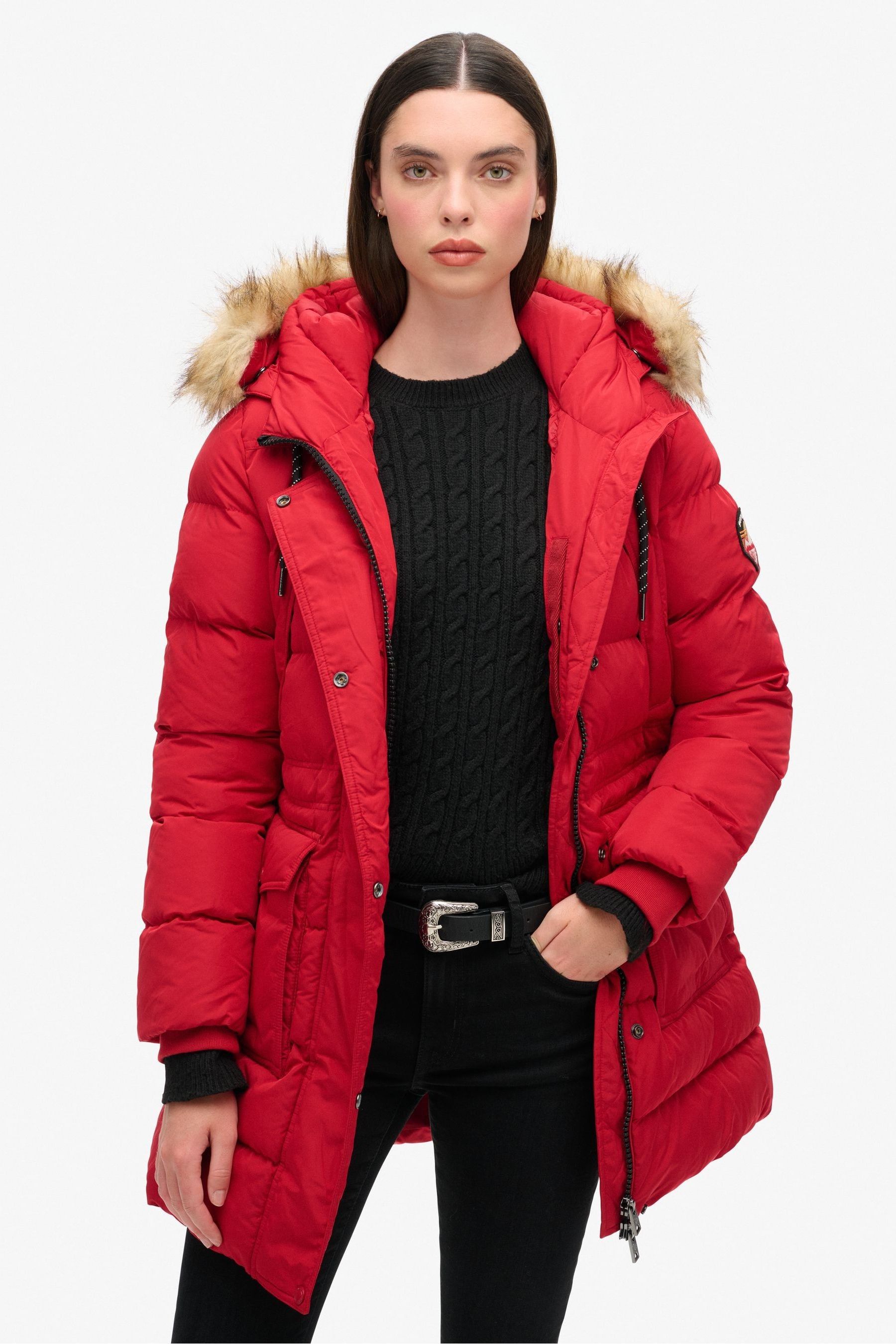 Red faux fur puffer jacket 2025