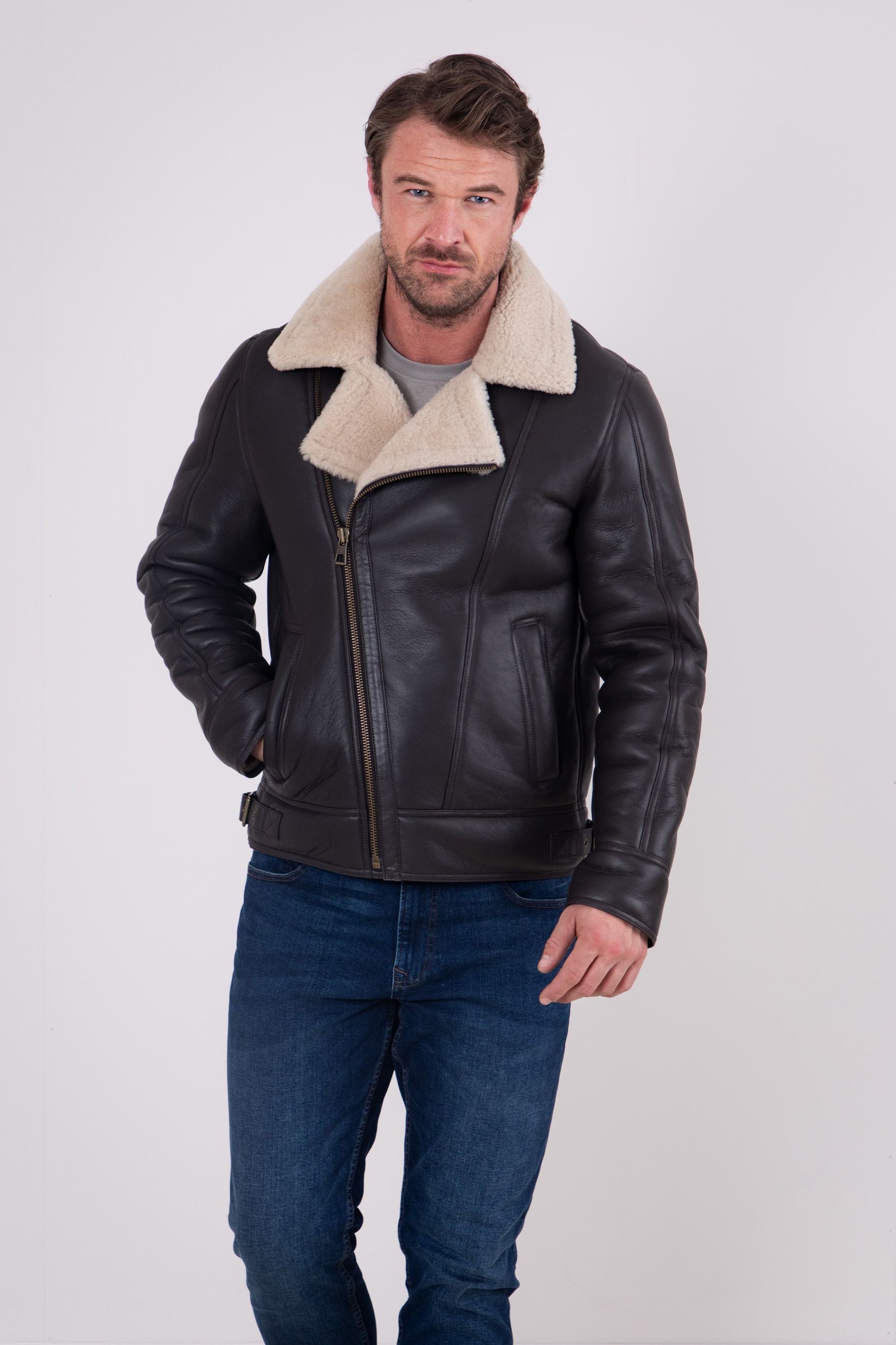 Buy Lakeland Leather Brown Javelin Sheepskin Asymmetric Zip Aviator Jacket from Next Poland