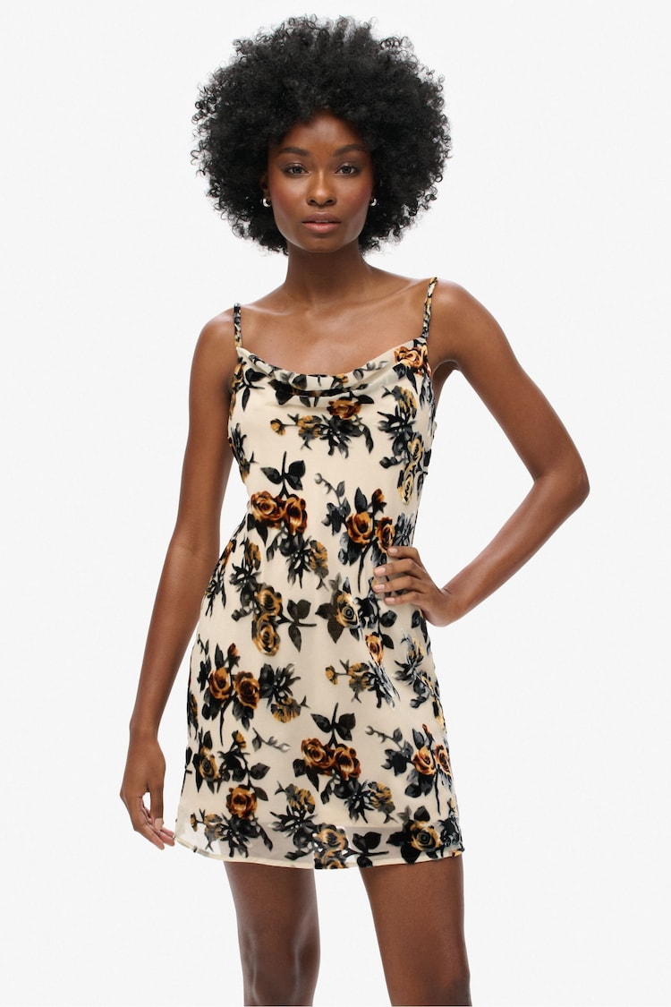 Superdry Cream Devore Cowl Neck Mini Slip Dress - Image 1 of 4