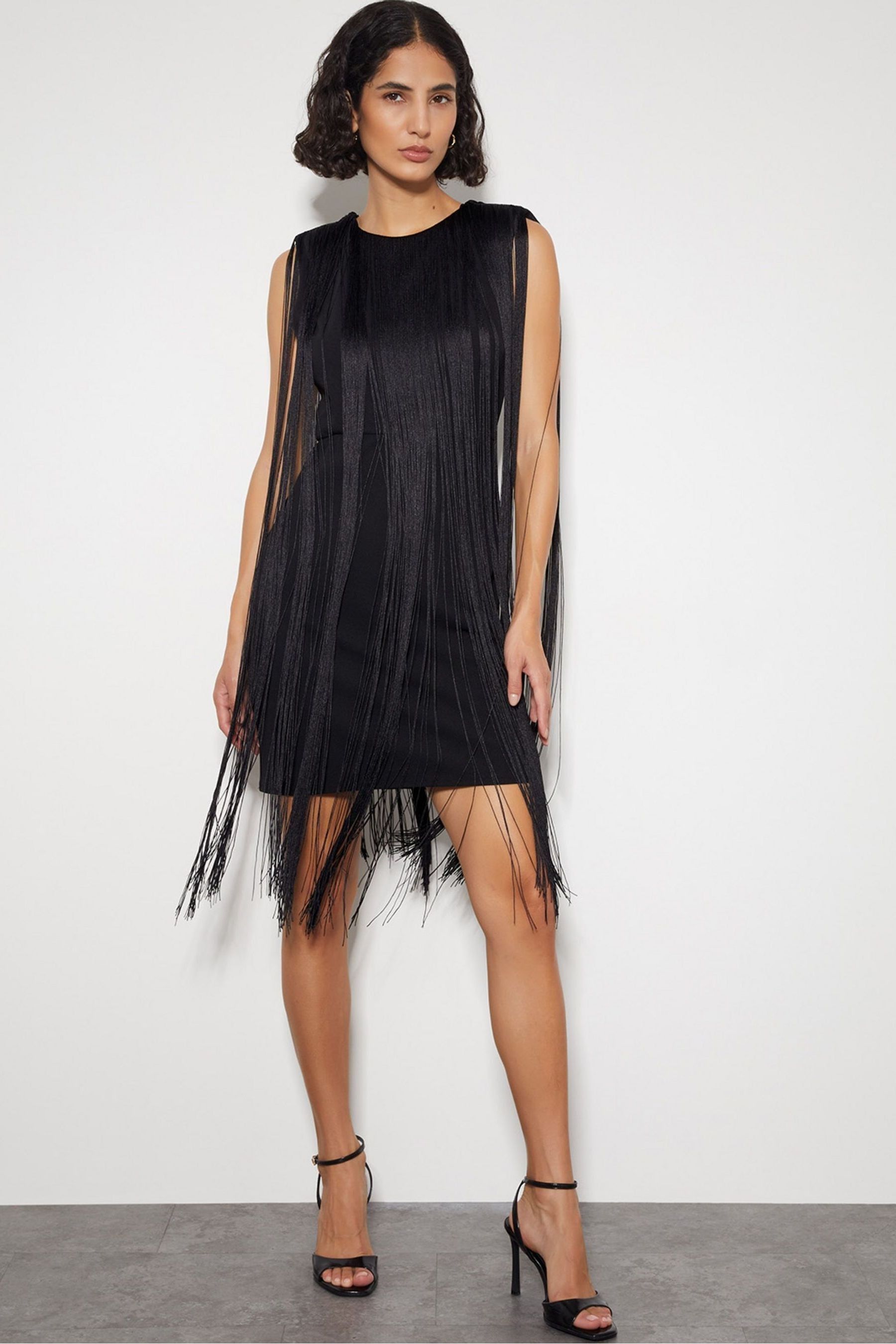 Monsoon Black Tara Sleeveless Fringe Mini Dress