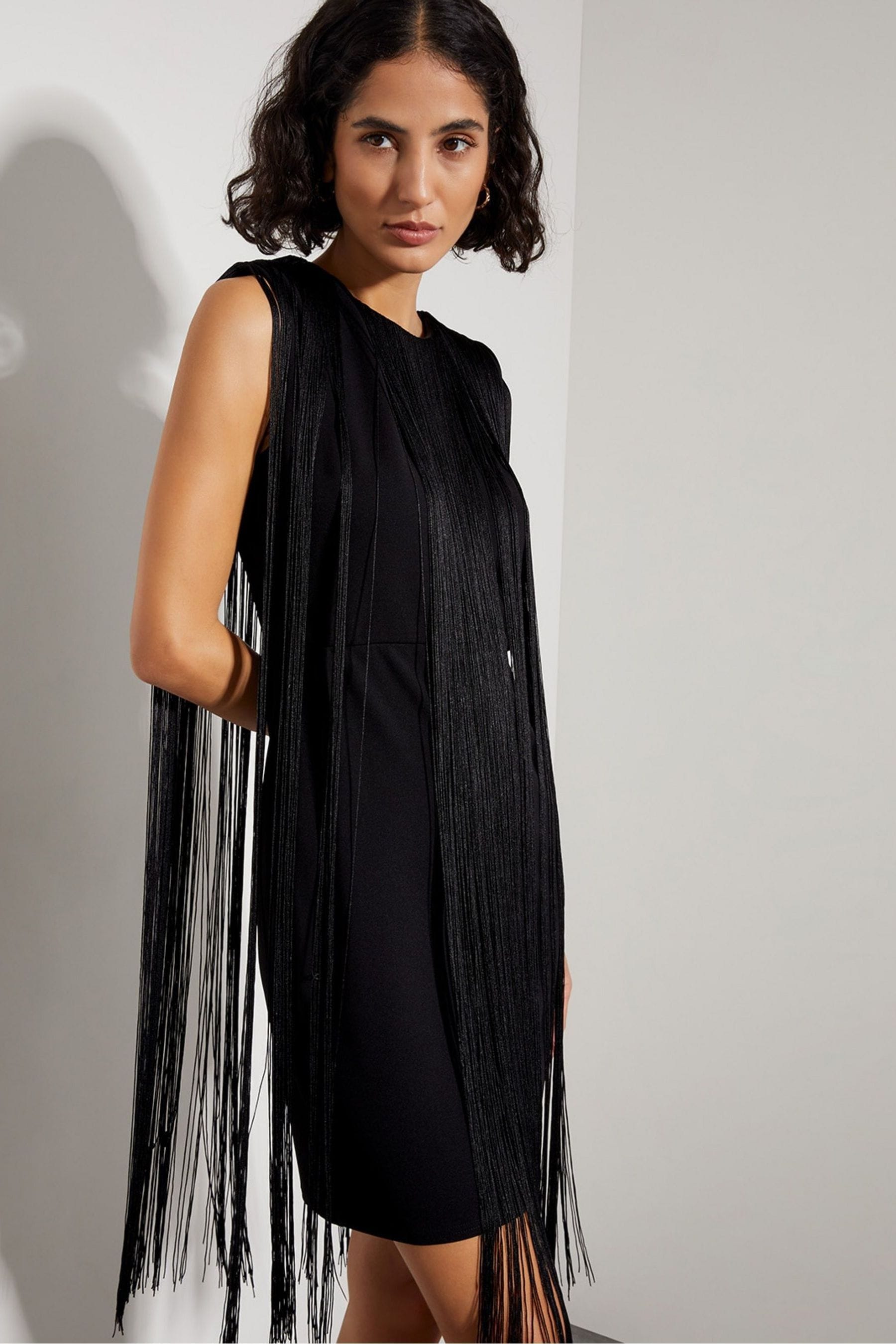 Monsoon Black Tara Sleeveless Fringe Mini Dress