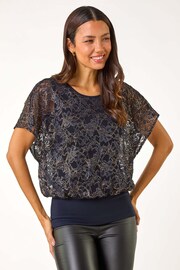 Roman Blue Metallic Lace Bubble Hem Top - Image 1 of 5