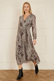 Yumi Brown Leopard Print Pleated Long Sleeve Wrap Midi Dress - Image 2 of 5