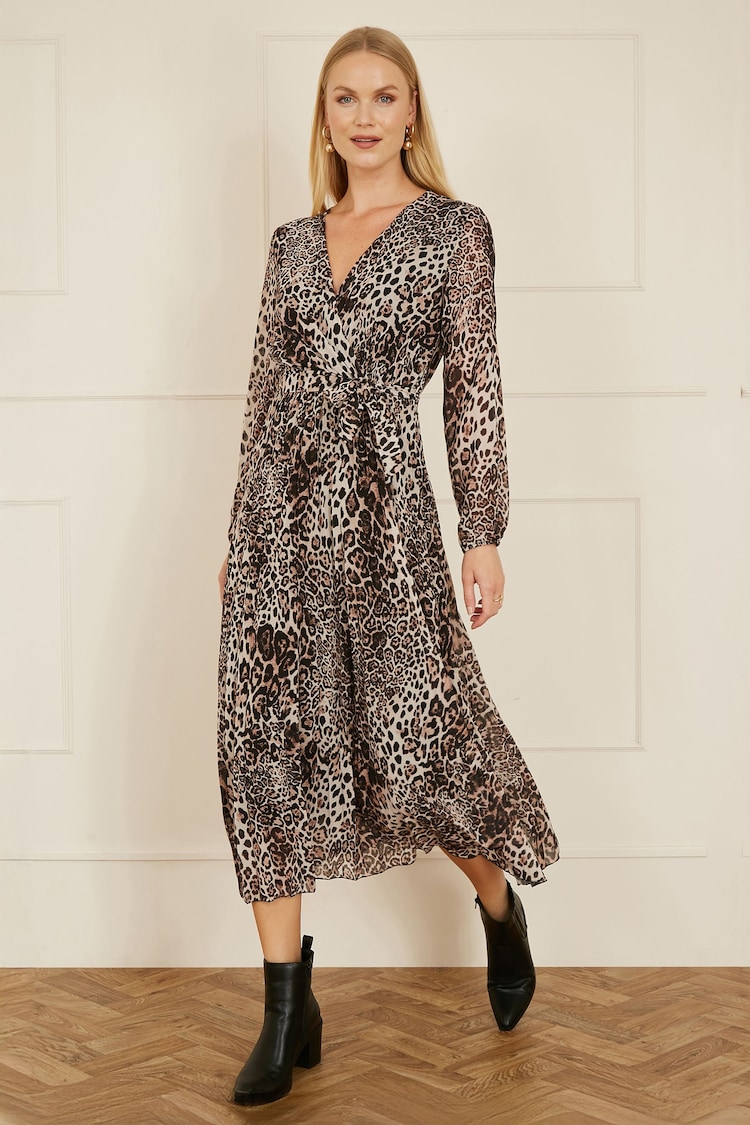 Yumi Brown Leopard Print Pleated Long Sleeve Wrap Midi Dress - Image 2 of 5