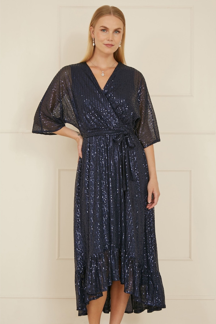 Yumi Blue Sequin Kimono Midi Wrap Dress - Image 1 of 5