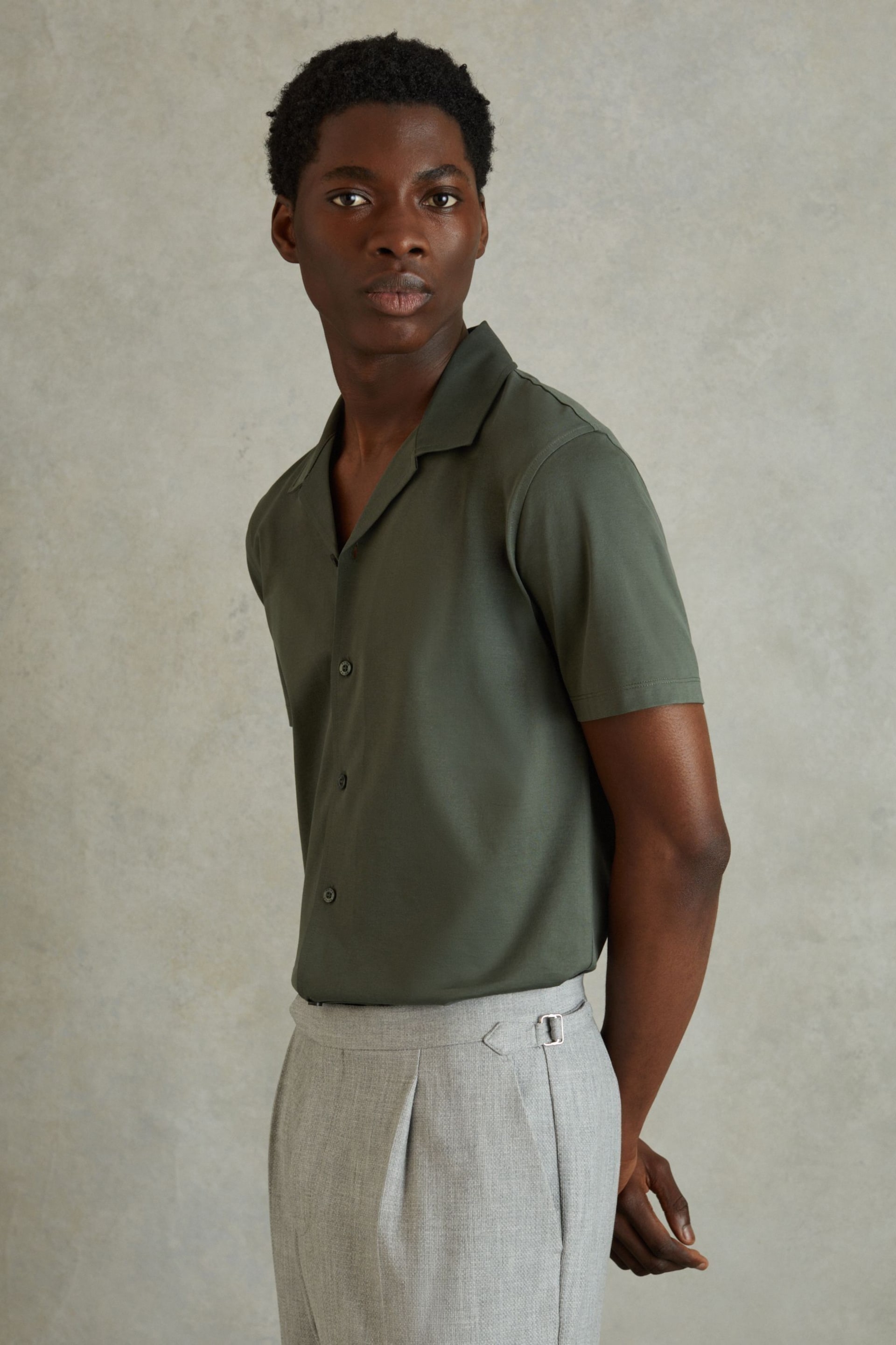 Reiss Hunting Green Caspa Mercerised Jersey Cuban Collar Shirt - Image 1 of 5