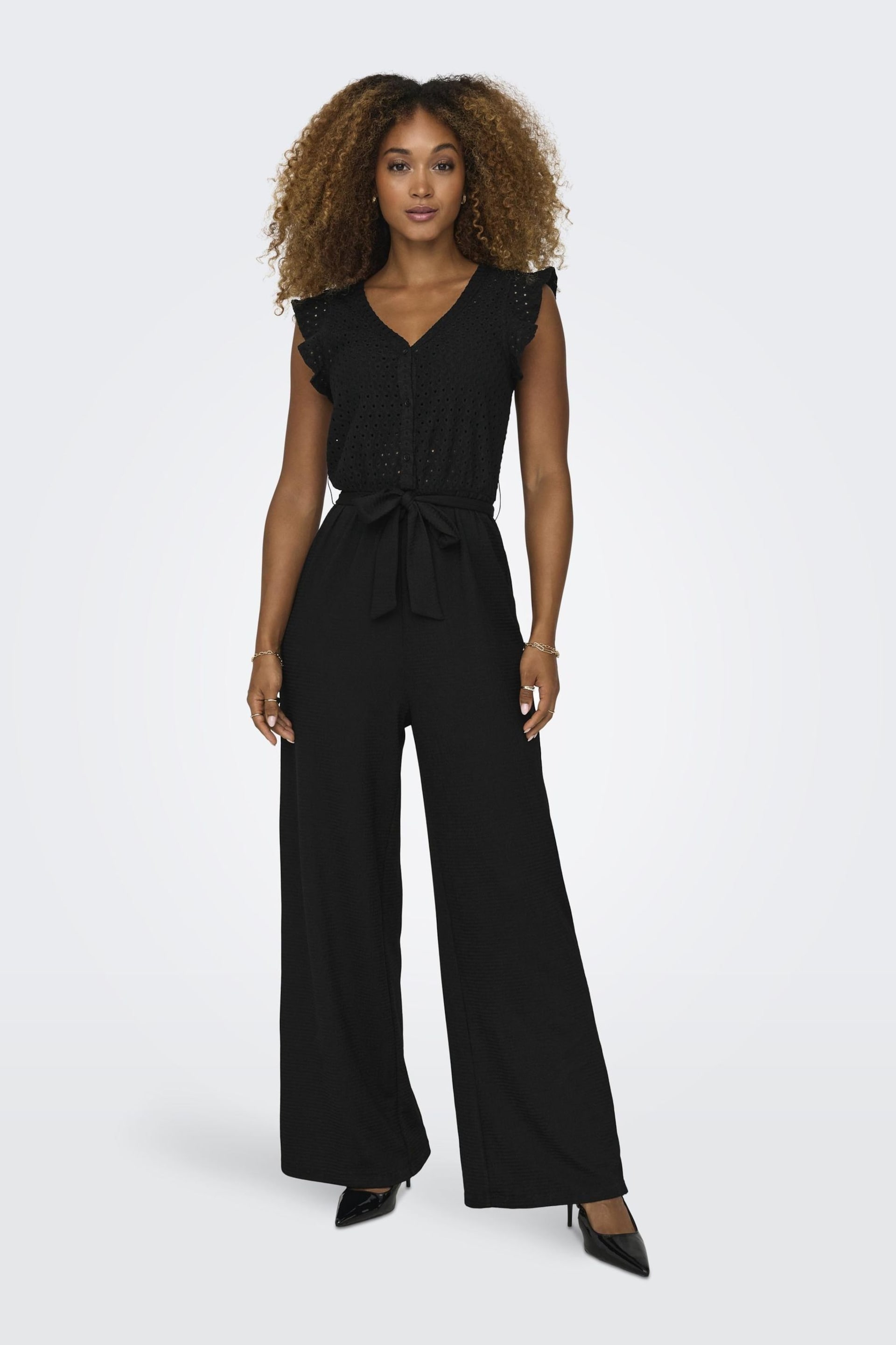 ONLY Black Broderie Top Frill Slevee Wide Leg Jumpsuit - Image 1 of 6