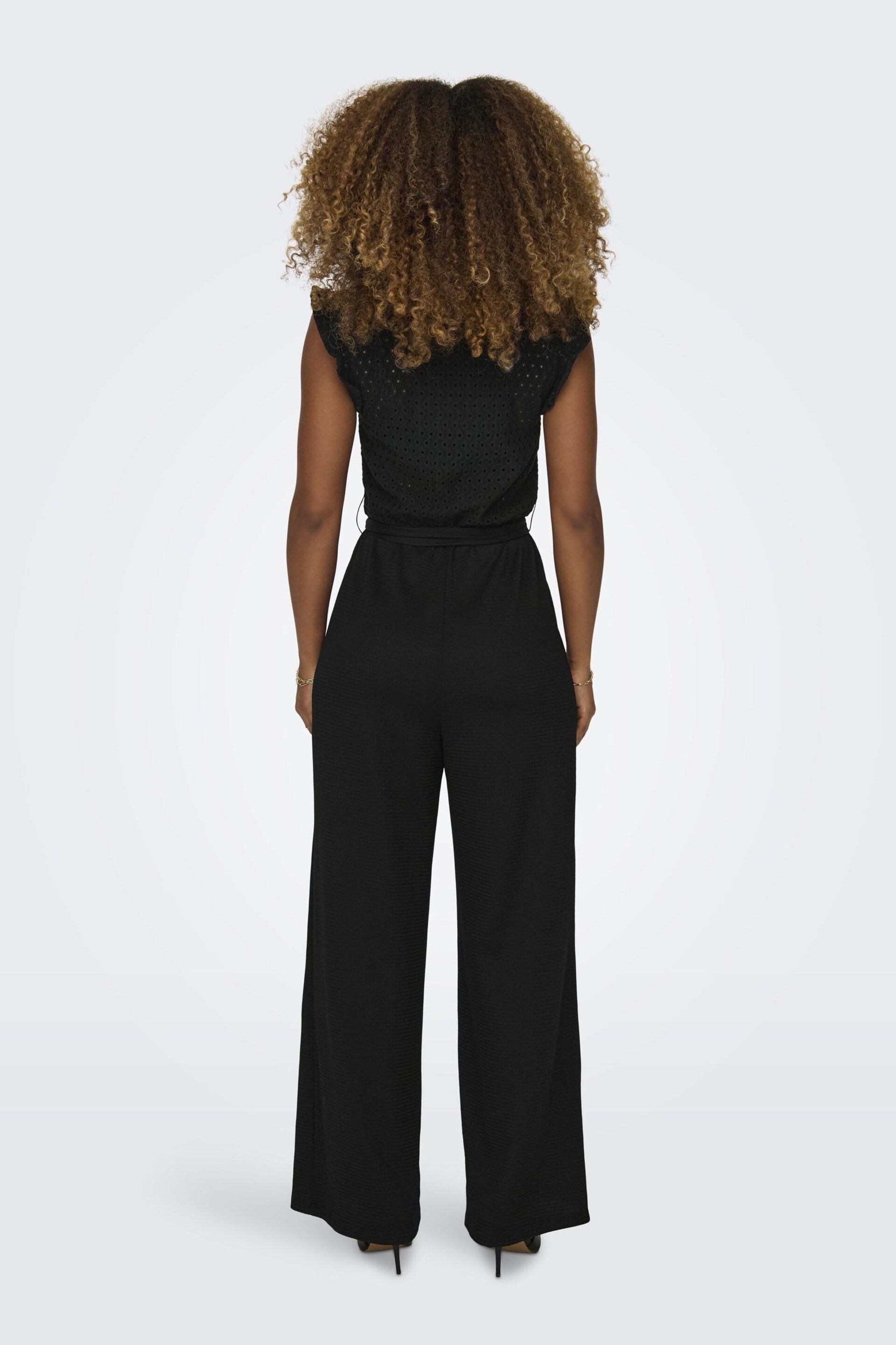 ONLY Black Broderie Top Frill Slevee Wide Leg Jumpsuit - Image 2 of 6