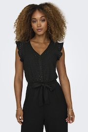 ONLY Black Broderie Top Frill Slevee Wide Leg Jumpsuit - Image 3 of 6