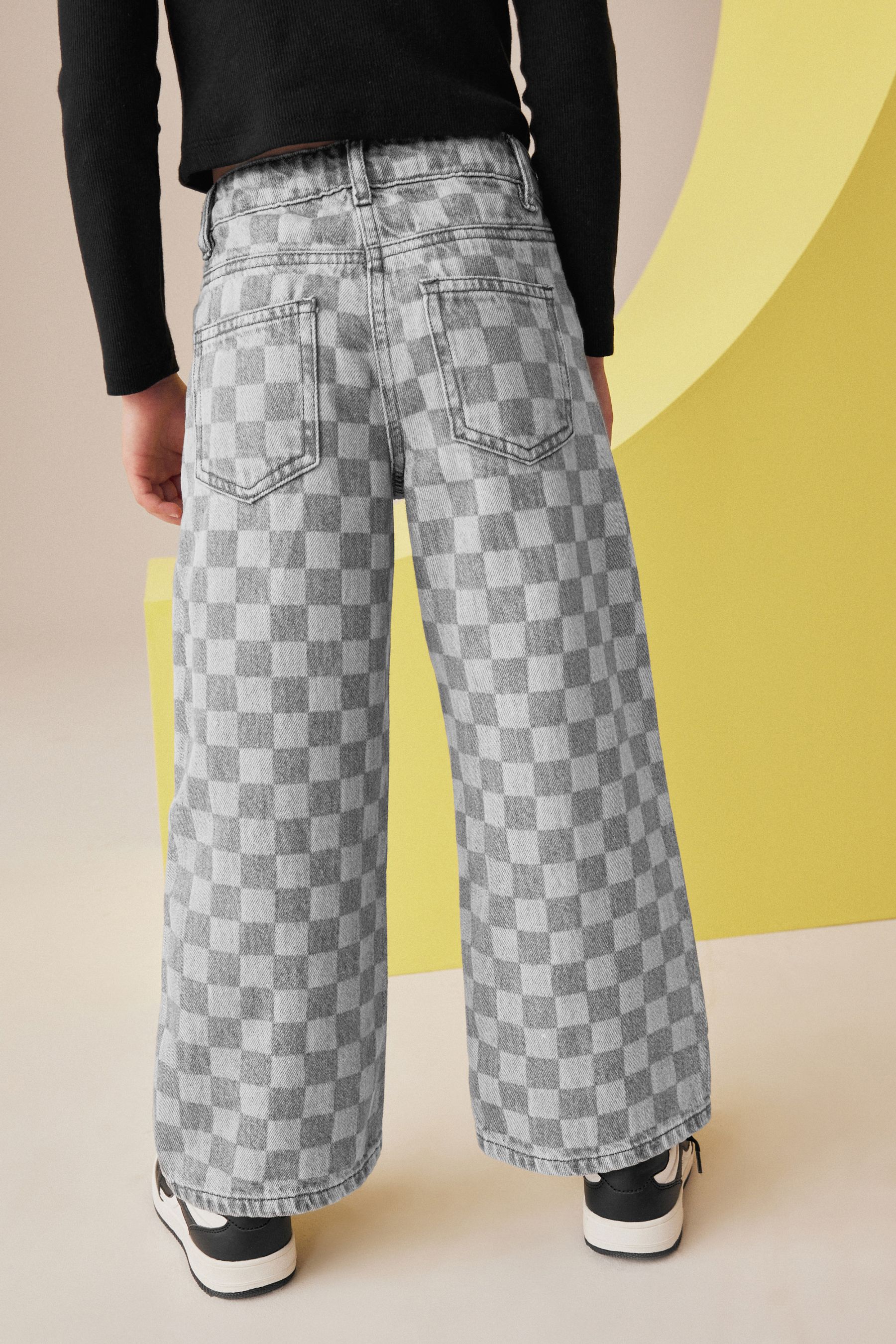 Grey Denim Checkerboard 100 Cotton Wide Leg Jeans 3 16yrs
